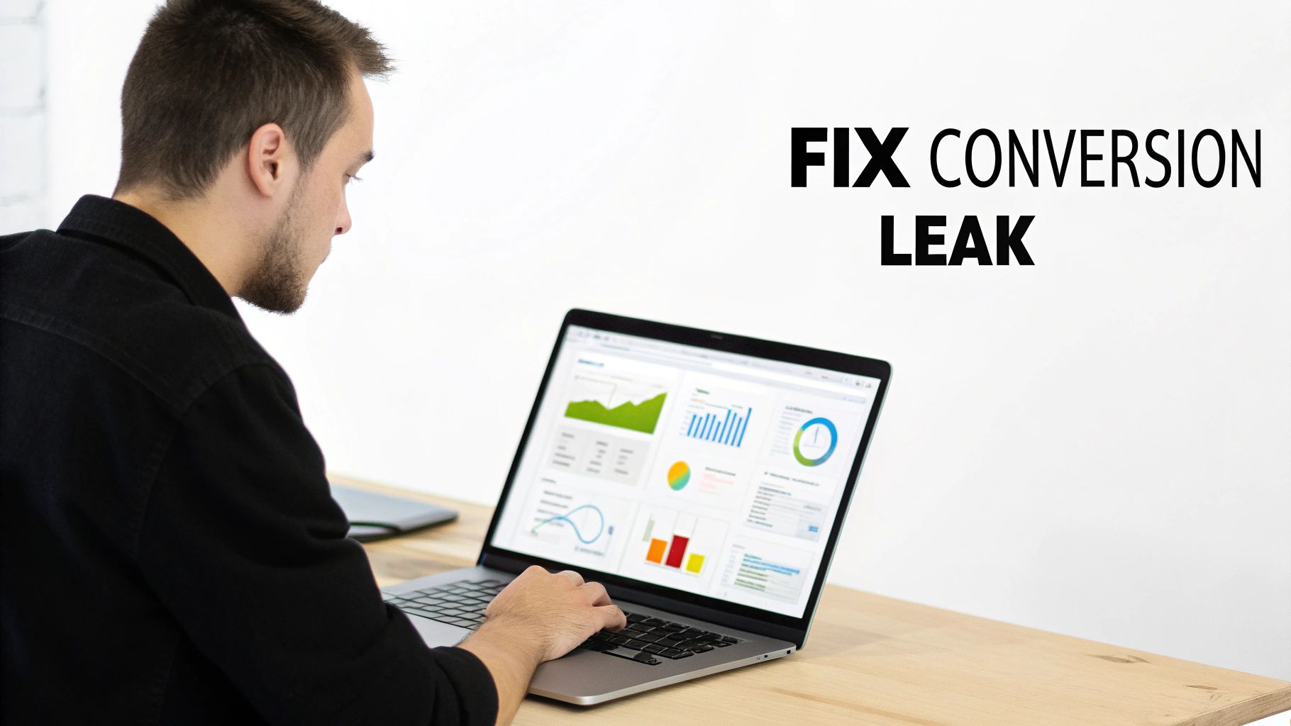 A man intently analyzing charts and graphs on a laptop screen, next to text 'FIX CONVERSION LEAK'.