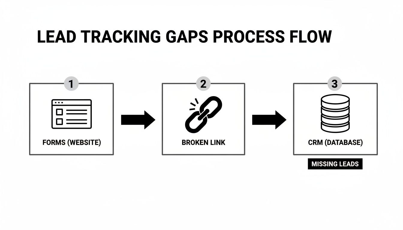 Flowchart illustrating lead tracking gaps from website forms to CRM due to a broken link, resulting in missing leads.