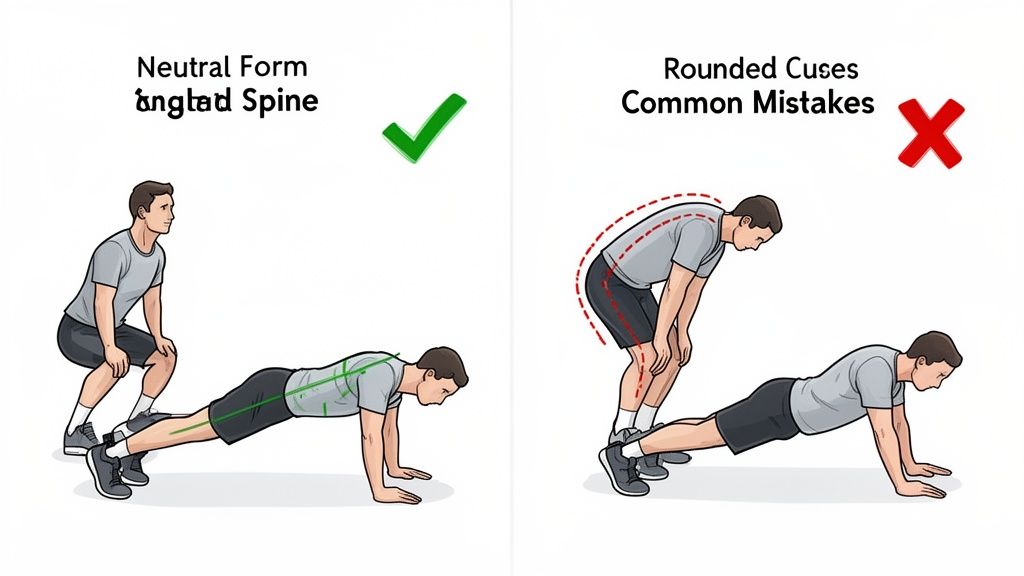 Comparison of correct neutral spine posture versus common rounded back mistakes in a plank exercise.