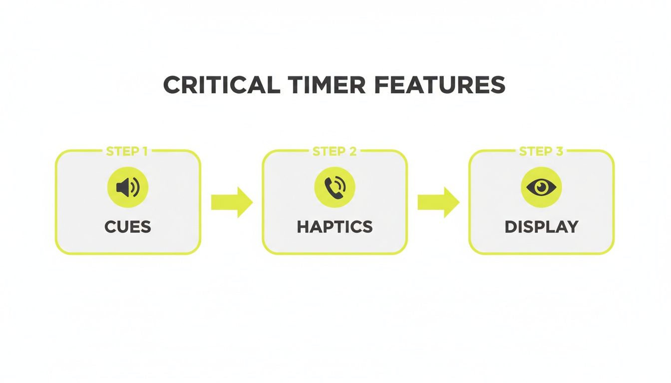 A diagram illustrating critical timer features: Cues, Haptics, and Display in three sequential steps.