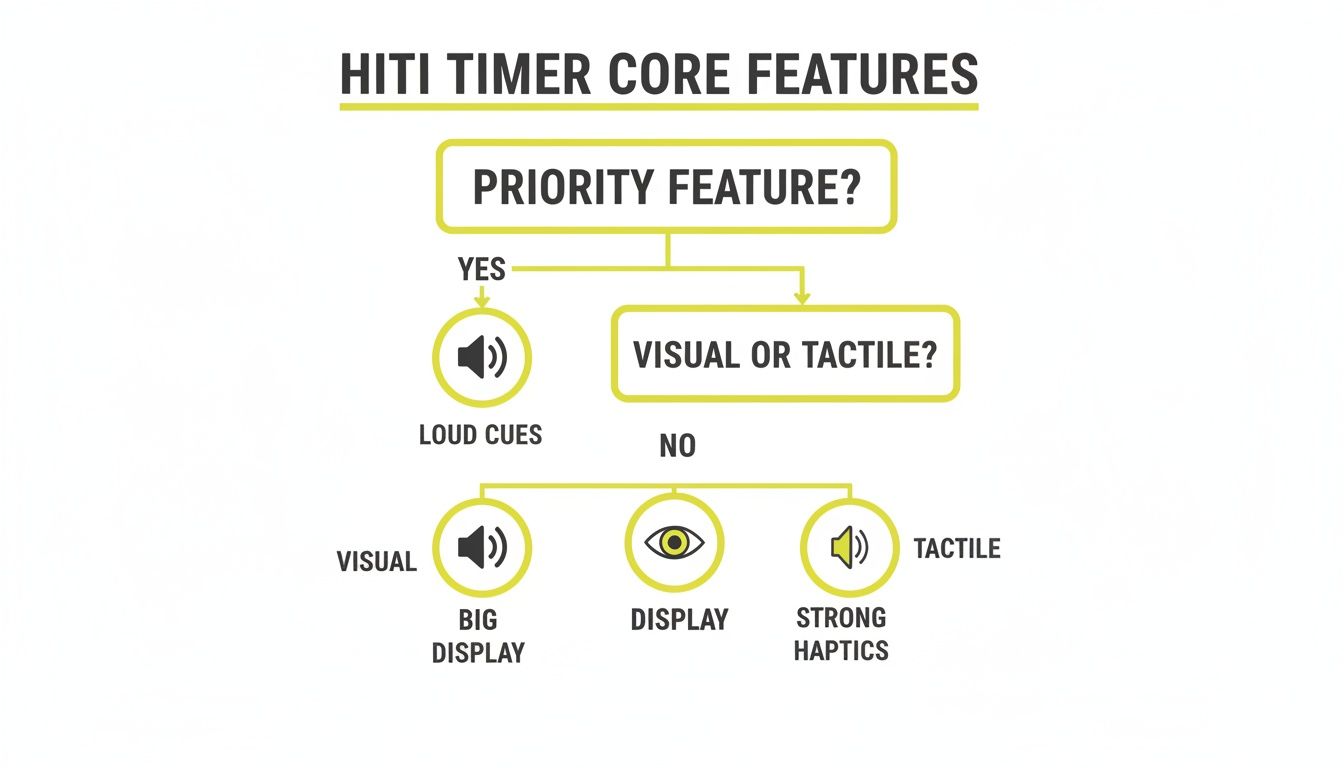 A flowchart detailing HITI Timer core features, including loud cues, big displays, and strong haptics.