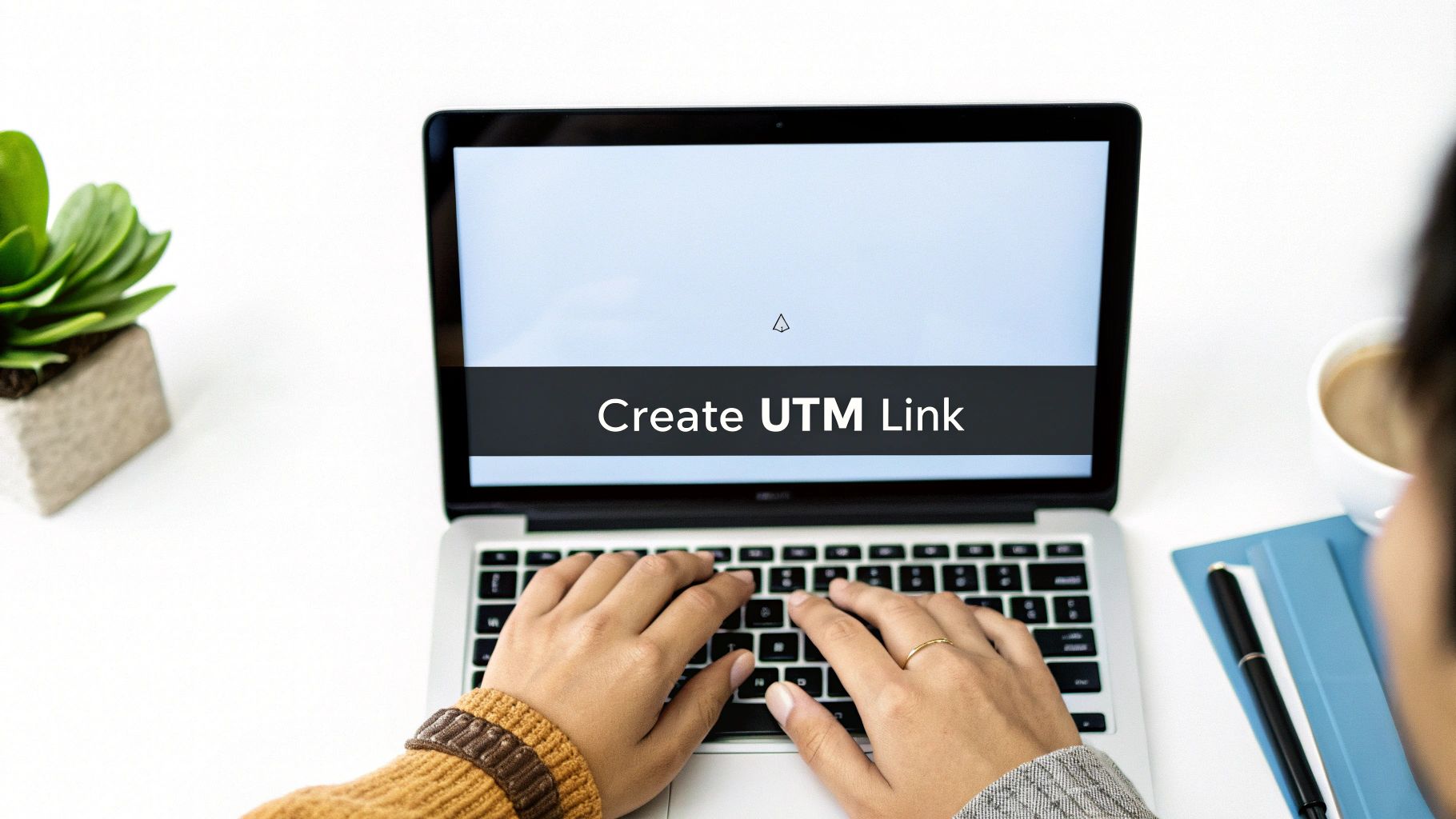 Overhead view of a person typing on a laptop displaying 'Create UTM Link' with a plant and coffee.