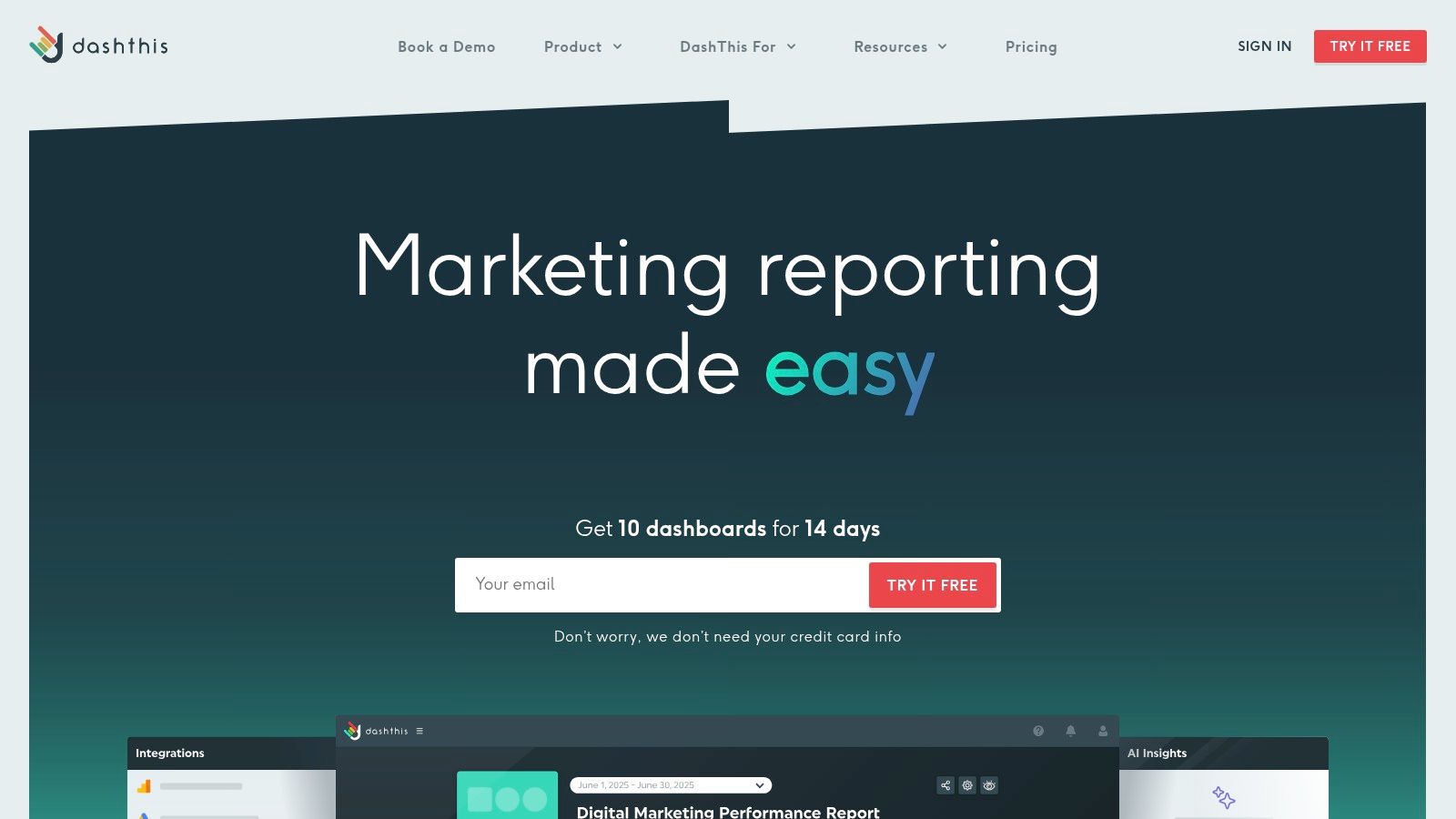 An example of a DashThis marketing dashboard showing KPIs like sessions, new users, and goal completions.