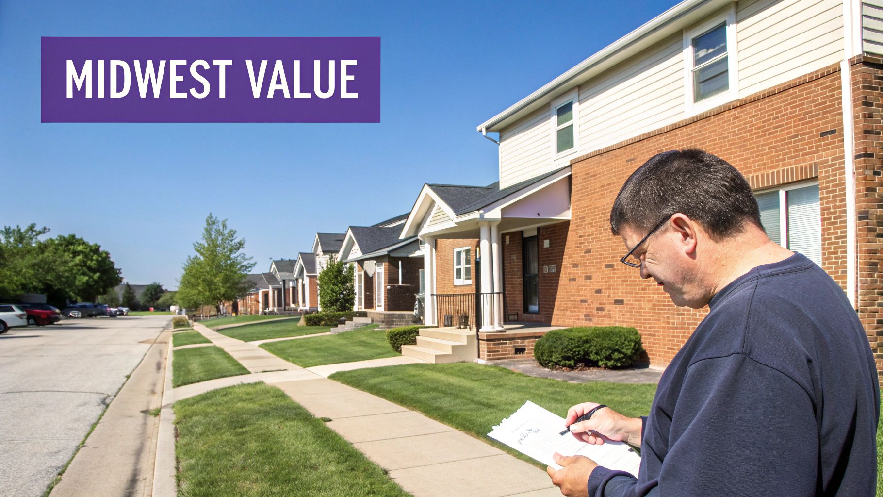 Man with glasses taking notes while inspecting residential properties in a neighborhood, with 'Midwest Value' text.