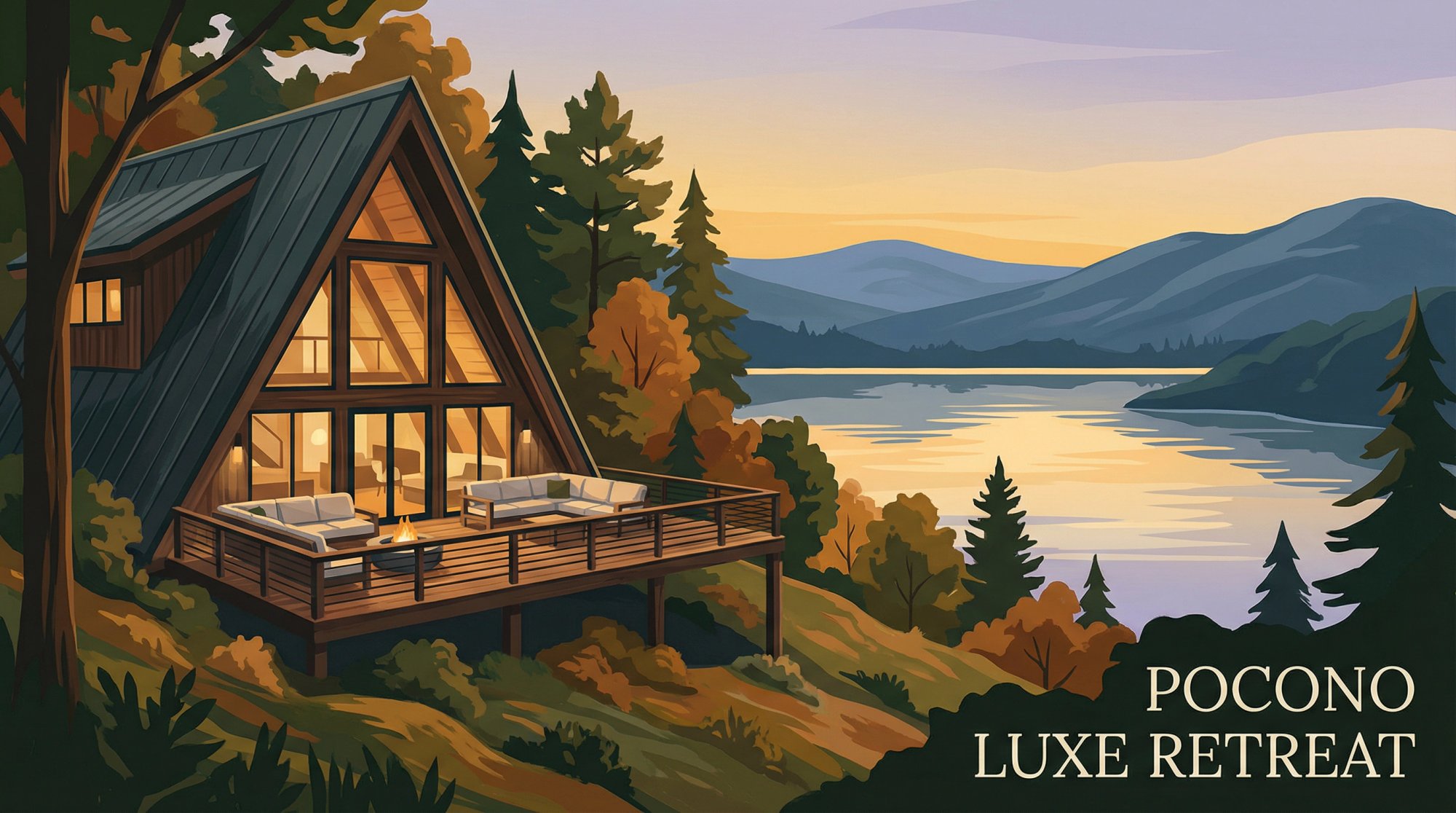 Luxury Pocono chalet with large windows overlooking Lake Harmony, showcasing premium rental property potential
