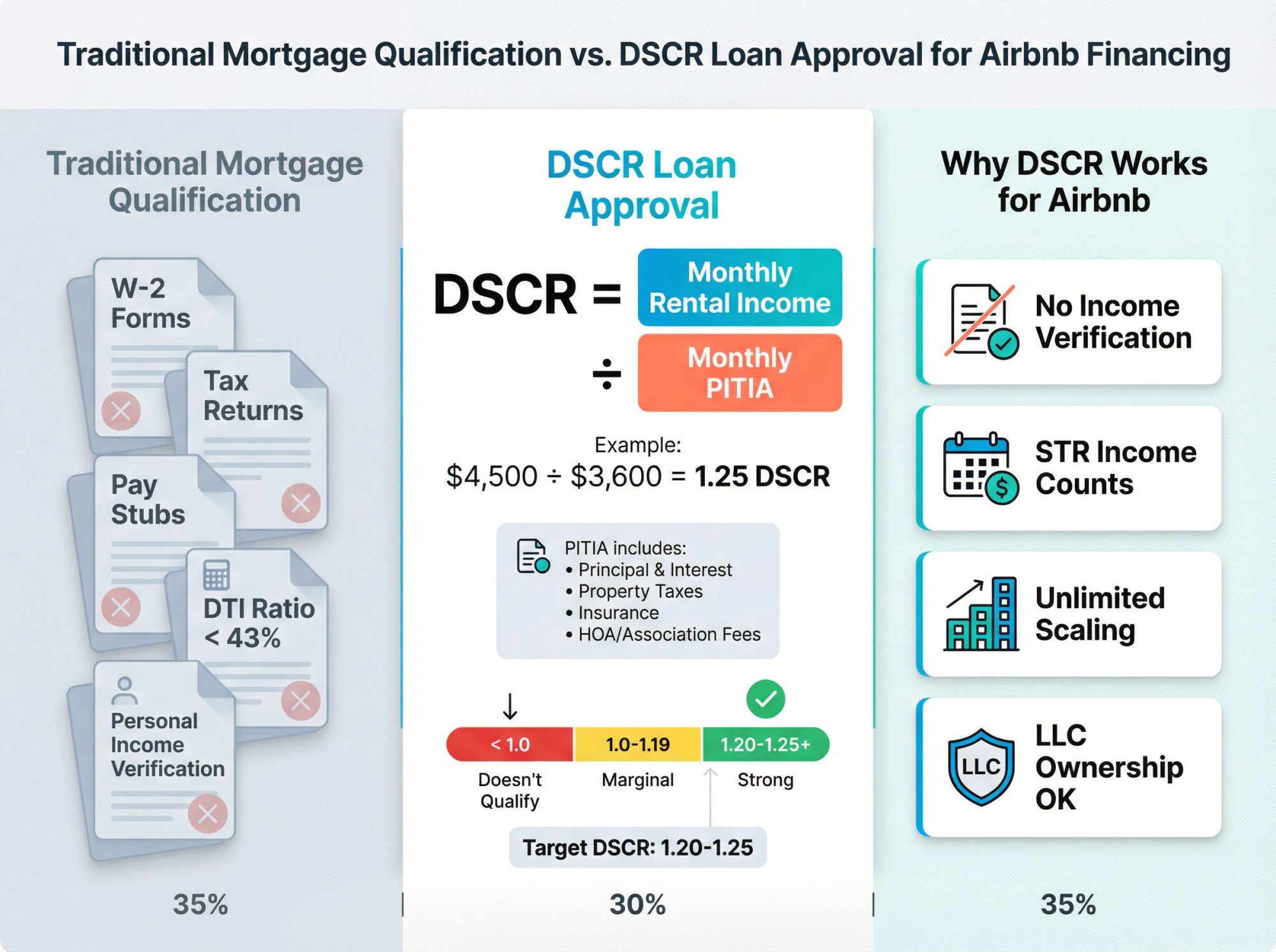 Visual comparison of traditional mortgage qualification vs DSCR loan approval showing the DSCR formula