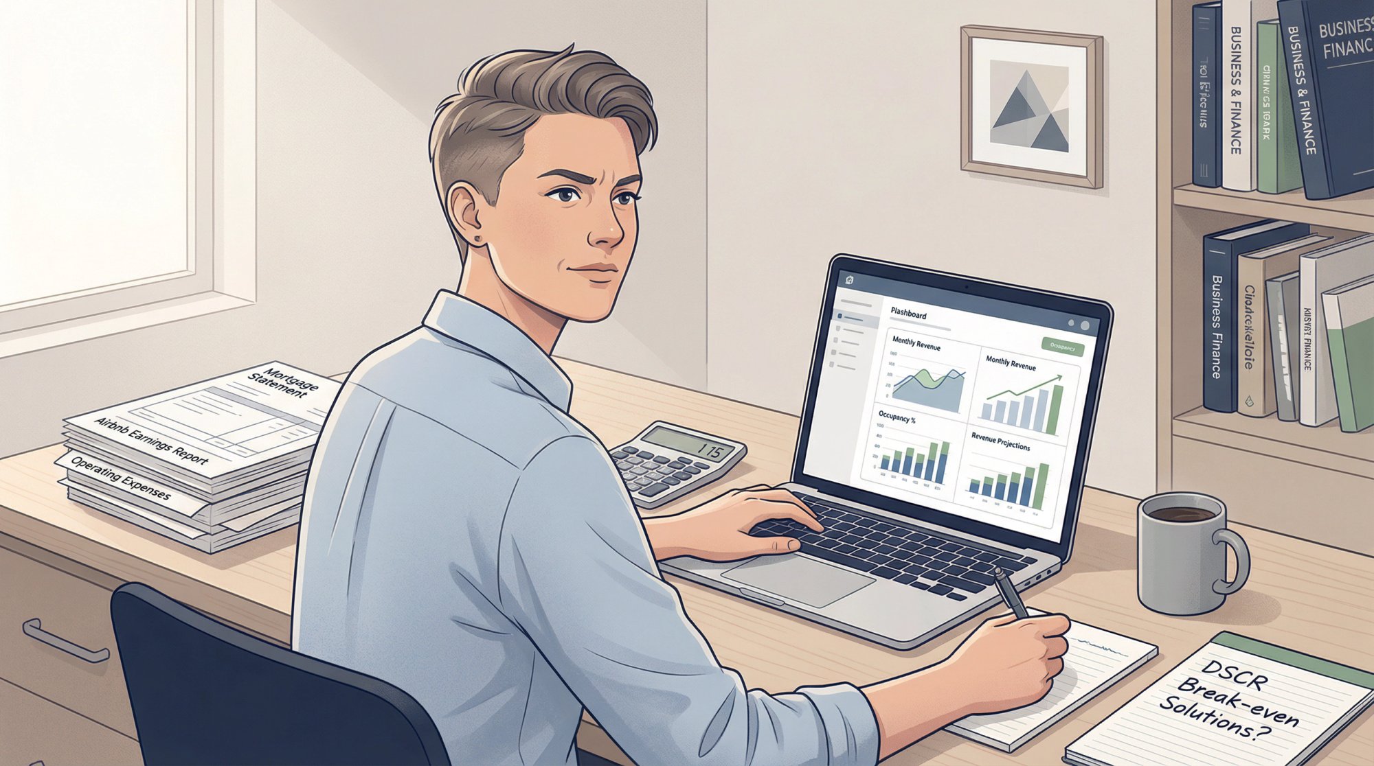 Investor reviewing Airbnb mortgage calculations and solutions at organized workspace with financial documents