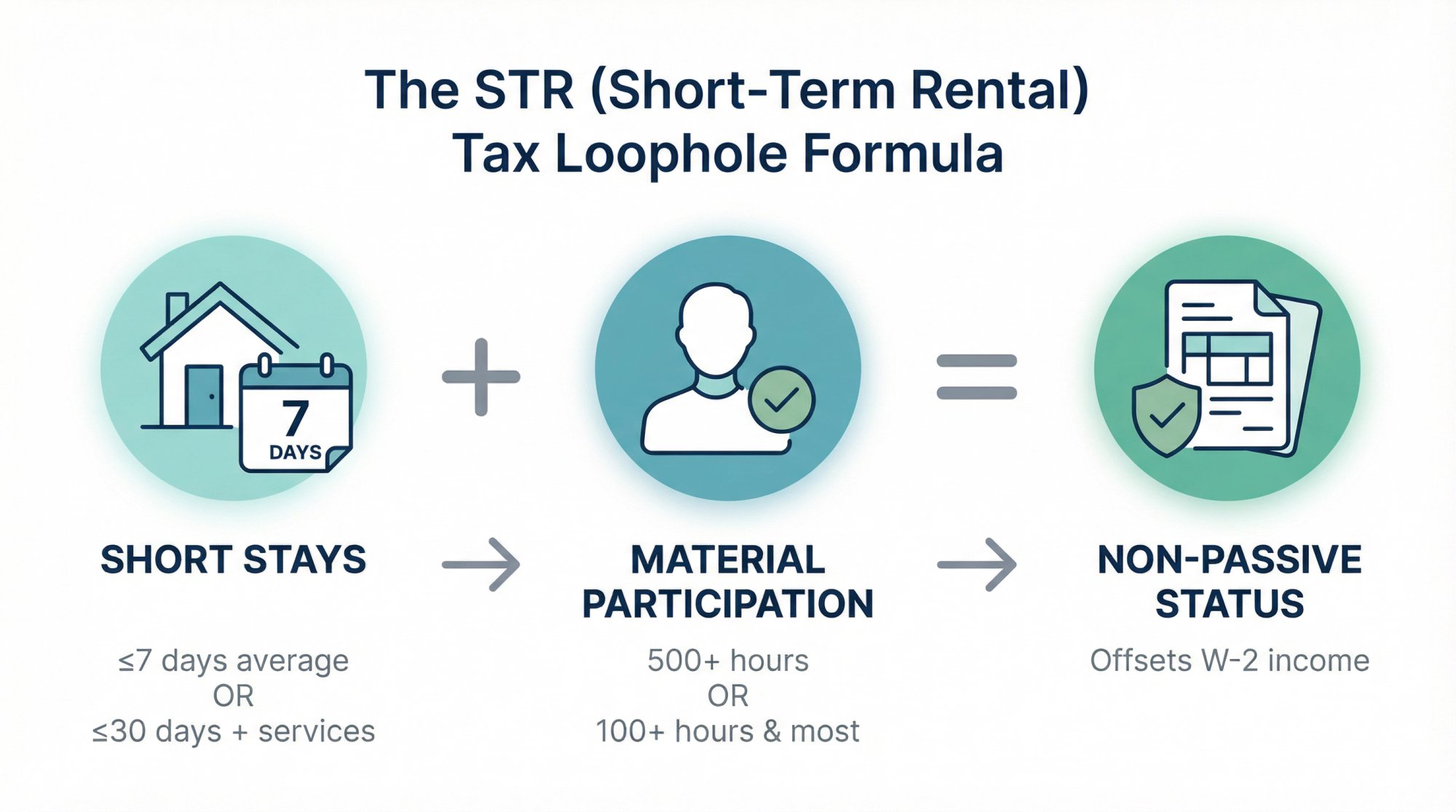 Visual flowchart showing the STR loophole two-step formula: short stays plus material participation equals non-passive status