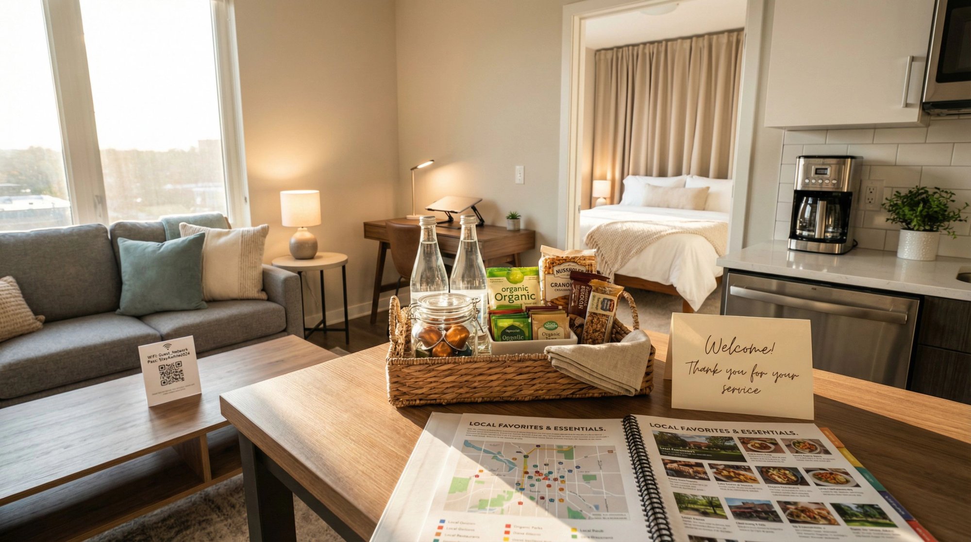 Clean, inviting travel nurse rental with welcome basket, local guide binder, and thoughtful hospitality touches