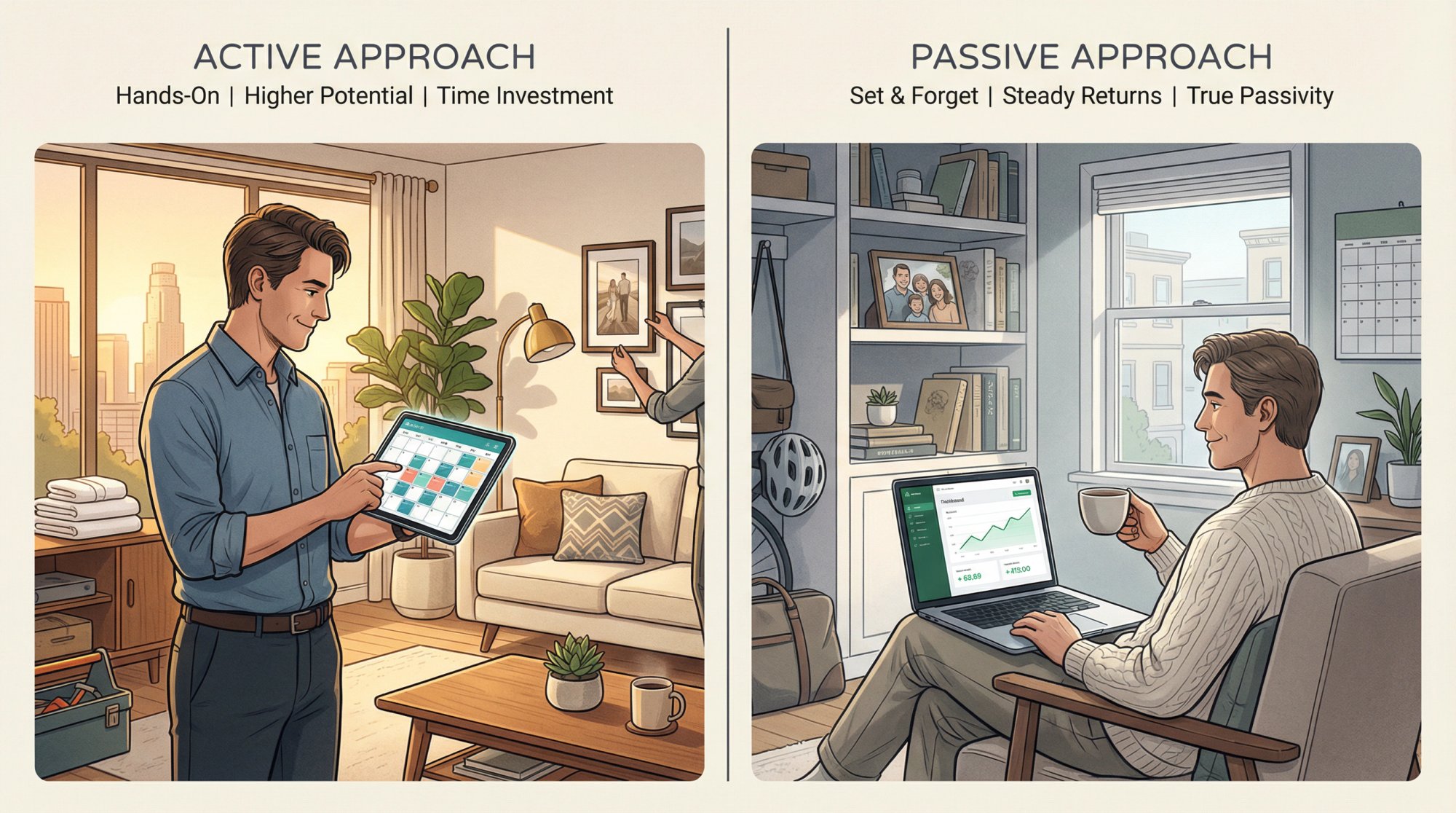 Side-by-side comparison showing active Airbnb investor managing property versus passive stock investor with hands-off approach