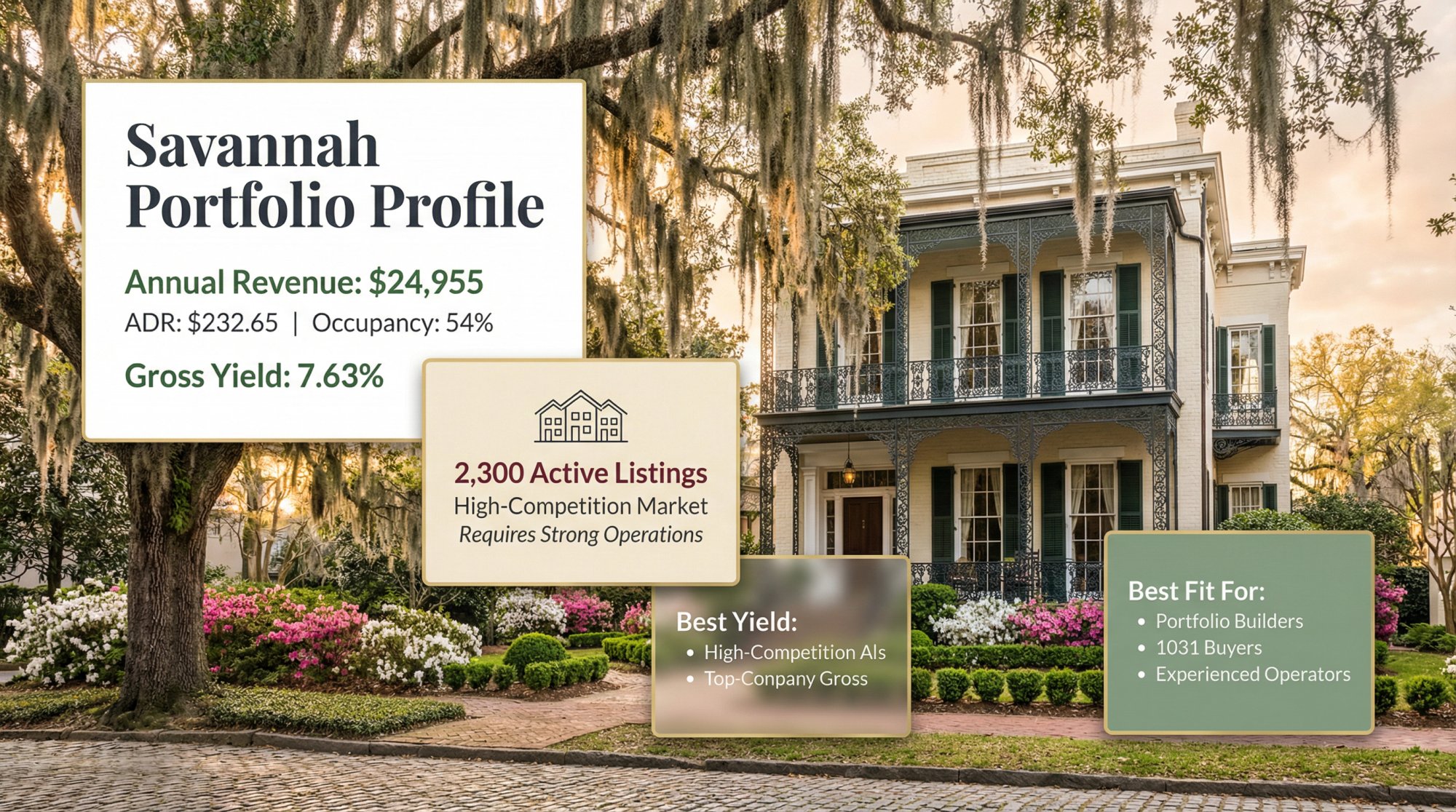 Savannah historic property with portfolio scaling metrics overlay showing $24,955 annual revenue and 54% occupancy