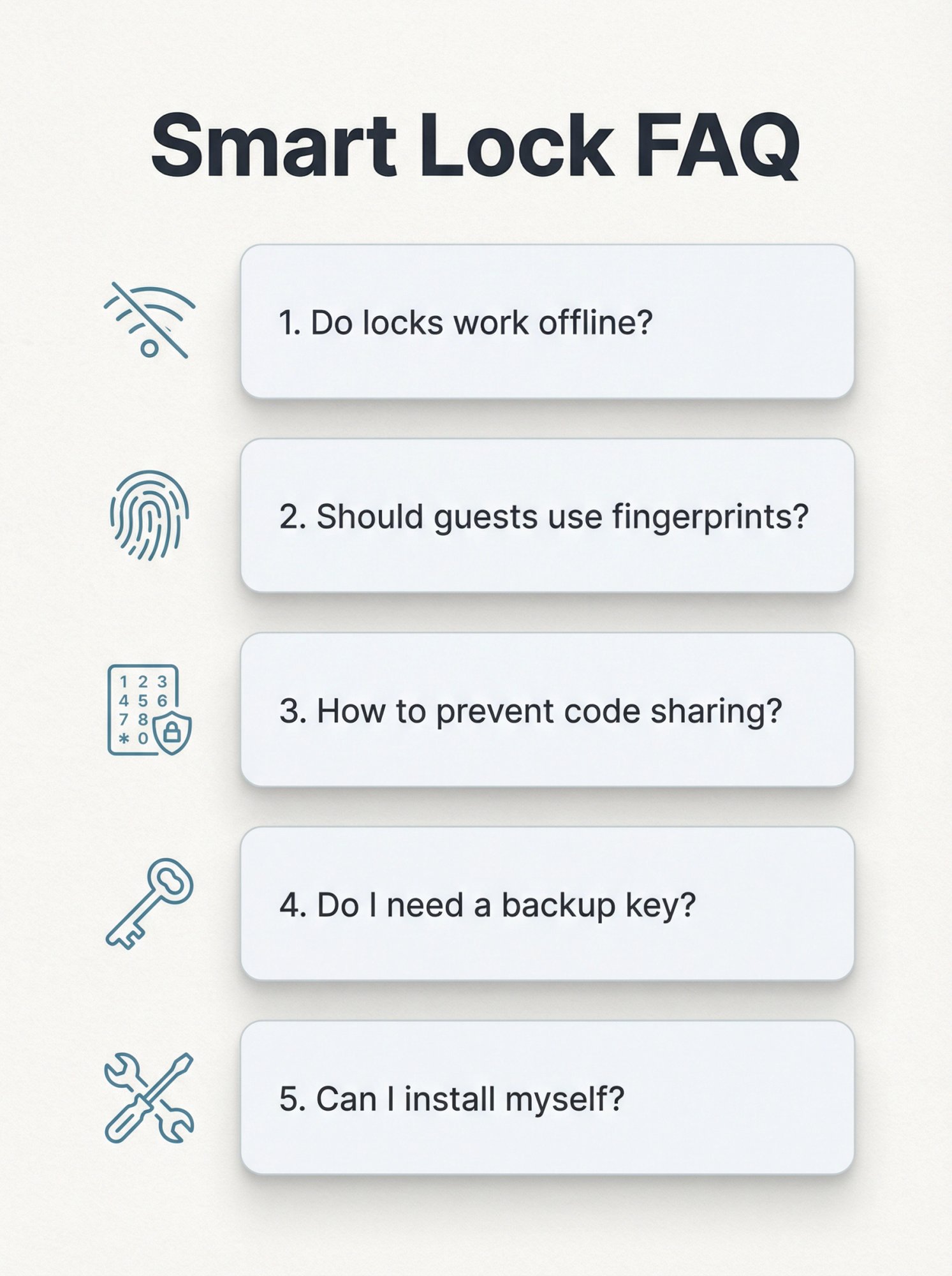 Common Airbnb smart lock questions: internet reliability, guest fingerprints, code sharing prevention, and backup keys