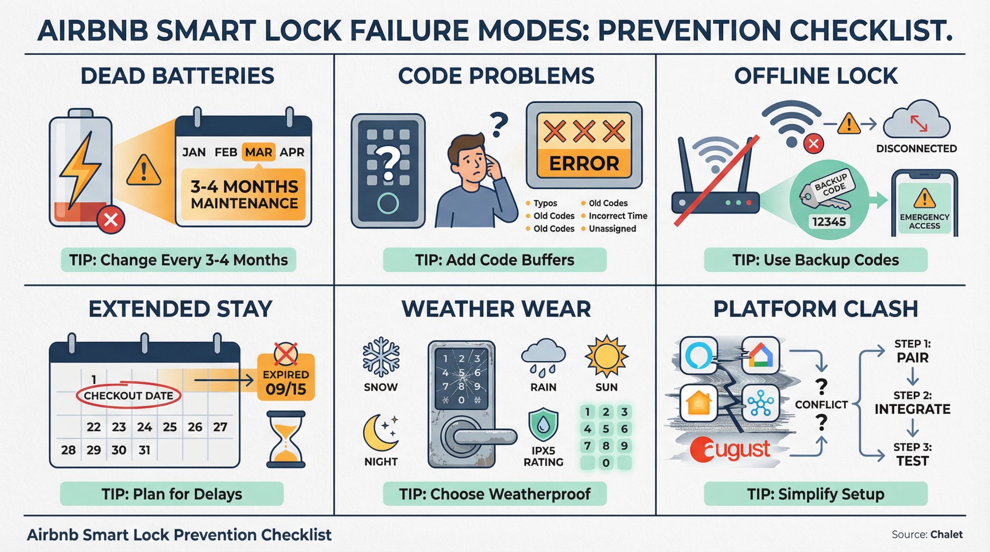 Visual guide to 6 common Airbnb smart lock failures and how to prevent them: dead batteries, code issues, offline connectivity, guest extensions, weather wear, and smart home conflicts