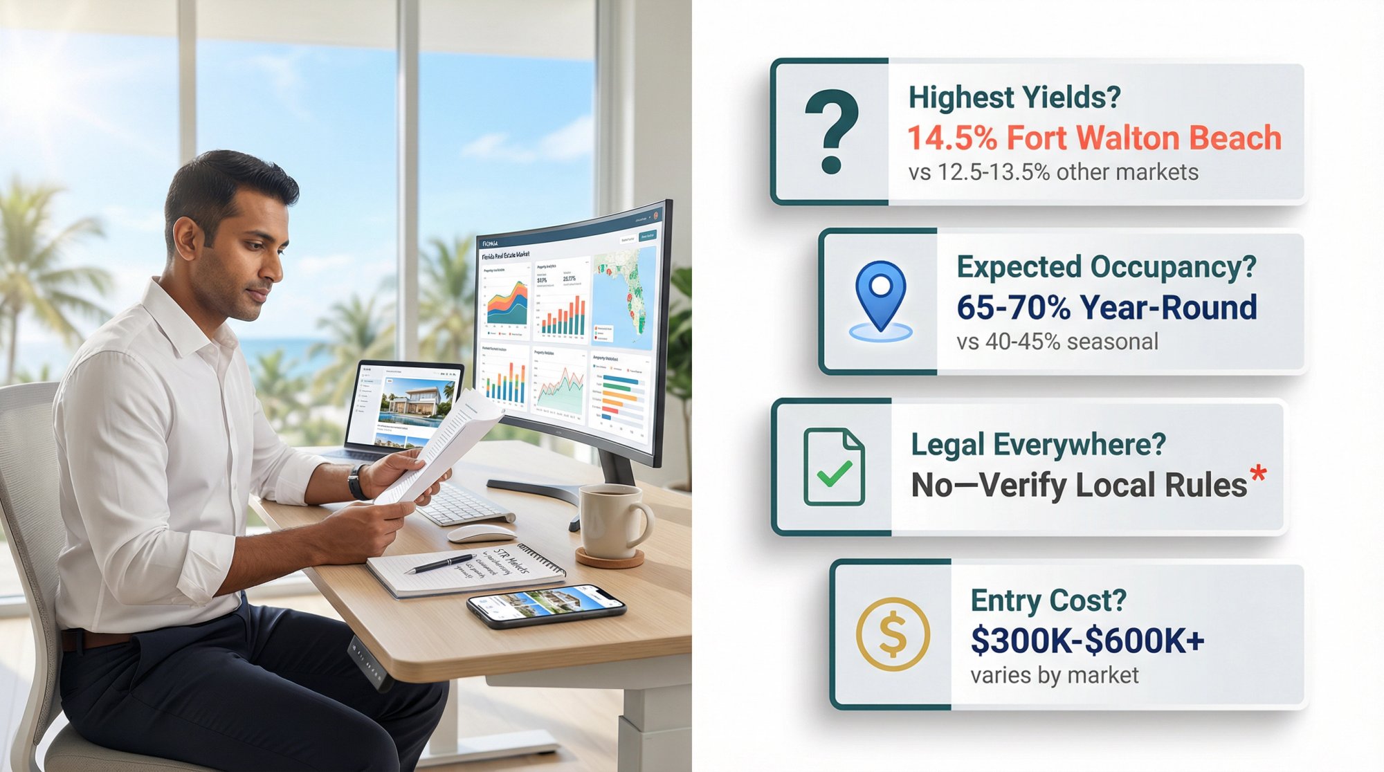 Professional investor reviewing Florida short-term rental investment questions with property analytics
