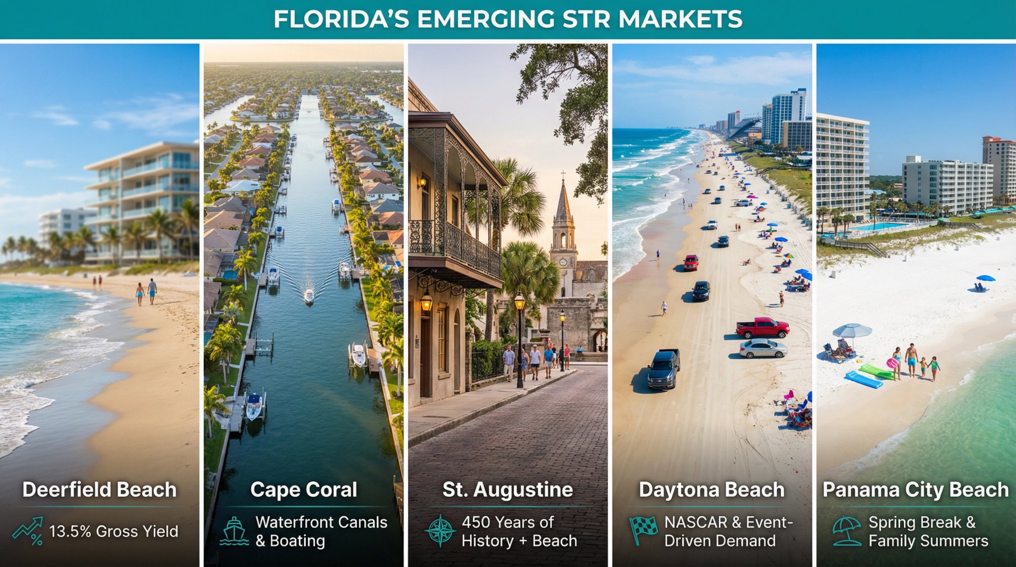 Visual grid showcasing five diverse Florida STR markets: Deerfield Beach, Cape Coral canals, St. Augustine historic quarter, Daytona Beach speedway, and Panama City Beach