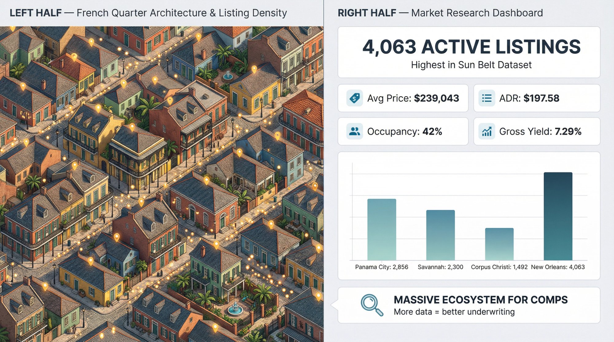 New Orleans French Quarter-style property comparison dashboard showing 4,063 active listings for market research
