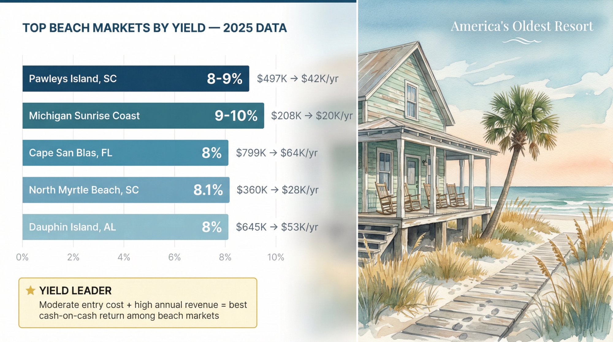 Pawleys Island SC leads beach markets with 8-9% yield combining $497k entry price and $42k annual Airbnb revenue