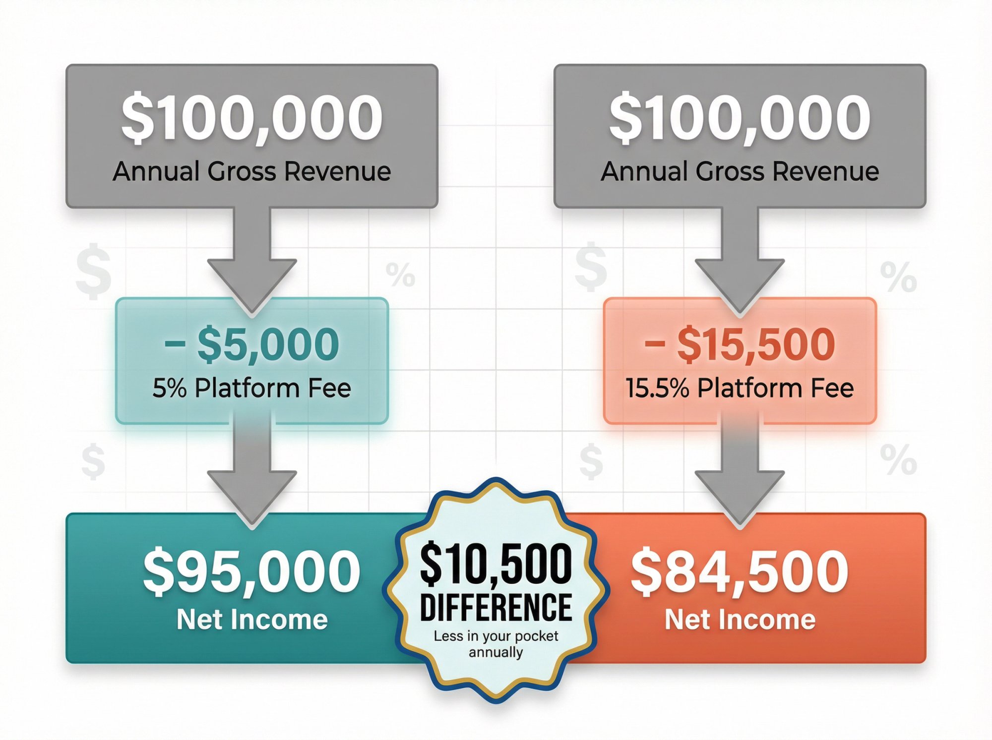 Visual breakdown showing how platform fee differences (5% vs 15.5%) cascade from $100K gross revenue to net income
