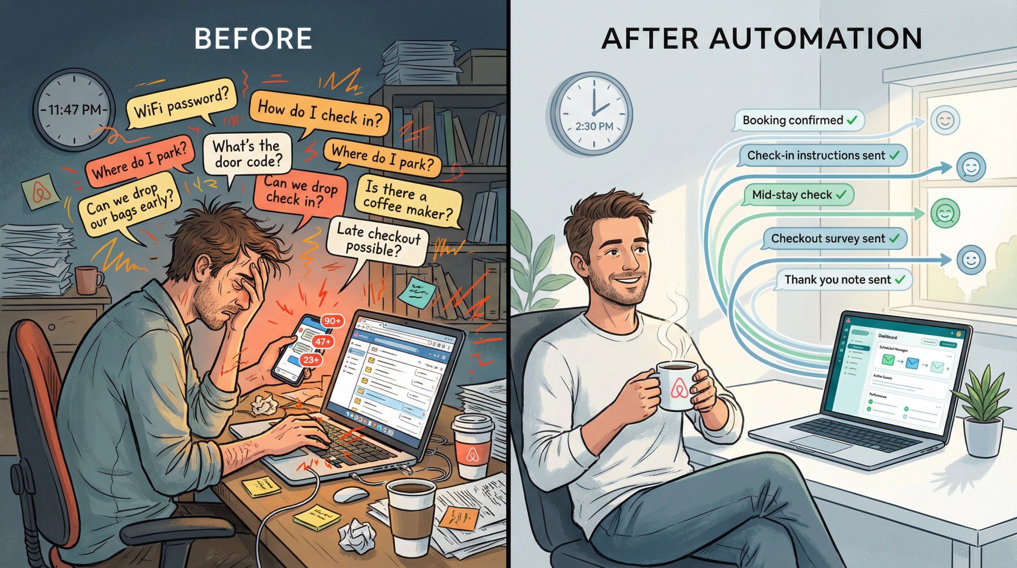 Split comparison showing overwhelmed Airbnb host juggling messages vs automated messaging peace of mind