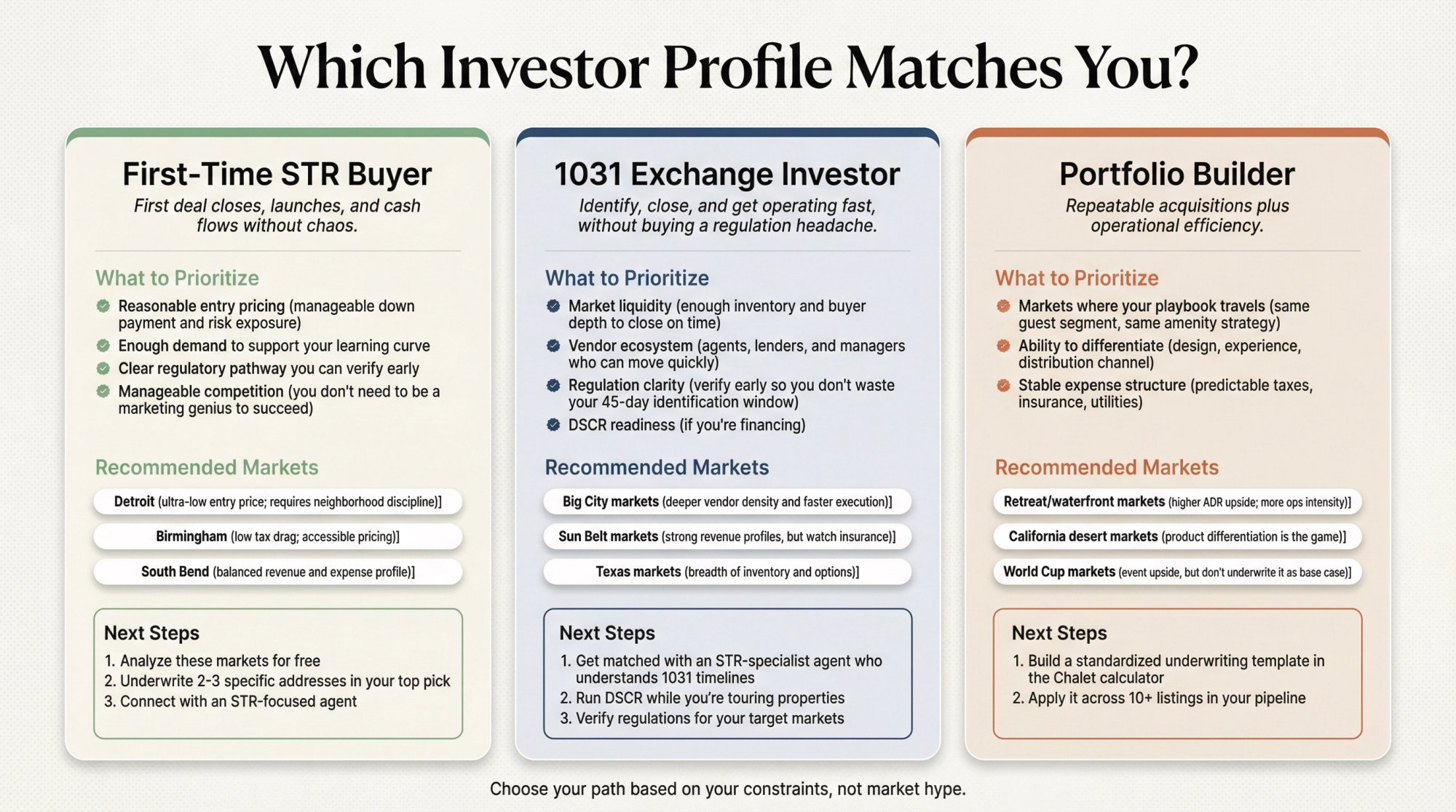 Three investor profiles compared: first-time STR buyer, 1031 exchange investor, and portfolio builder with priorities and recommended markets