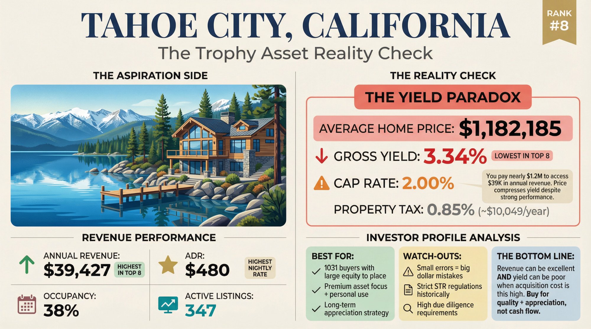 Tahoe City California waterfront market analysis showing highest revenue but lowest yield due to premium pricing - the trophy asset reality check for Airbnb investors