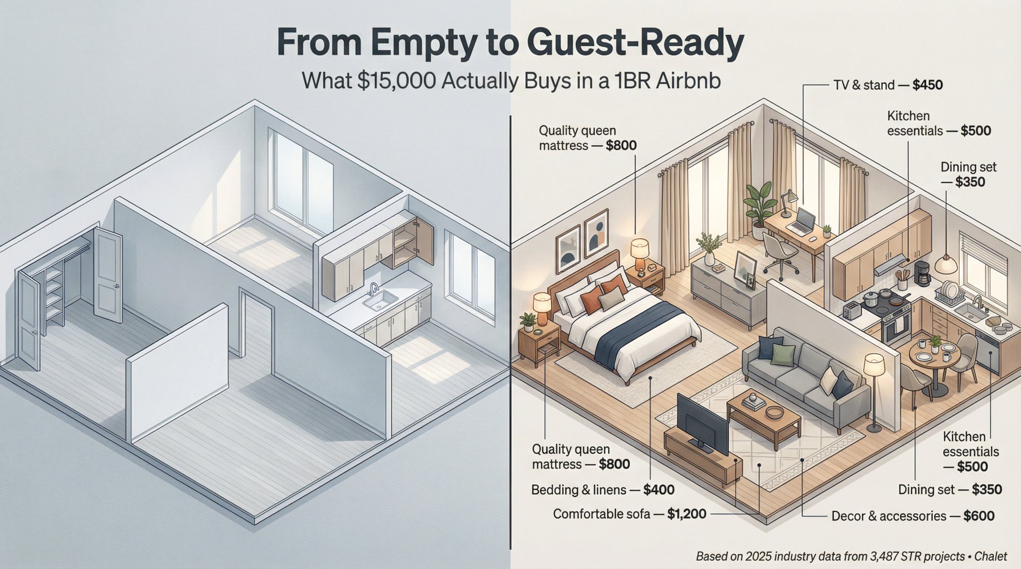 Split-panel illustration showing an empty 1BR apartment transforming into a fully furnished Airbnb with labeled items and costs