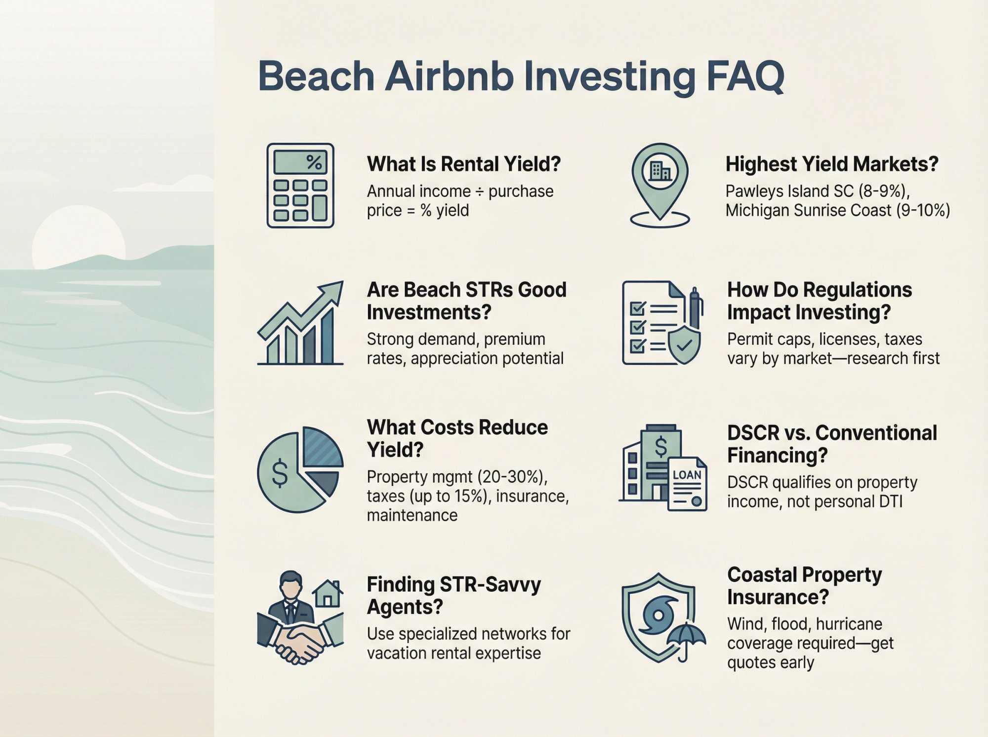 Visual FAQ guide showing key questions about beach Airbnb rental yields, regulations, costs, and financing