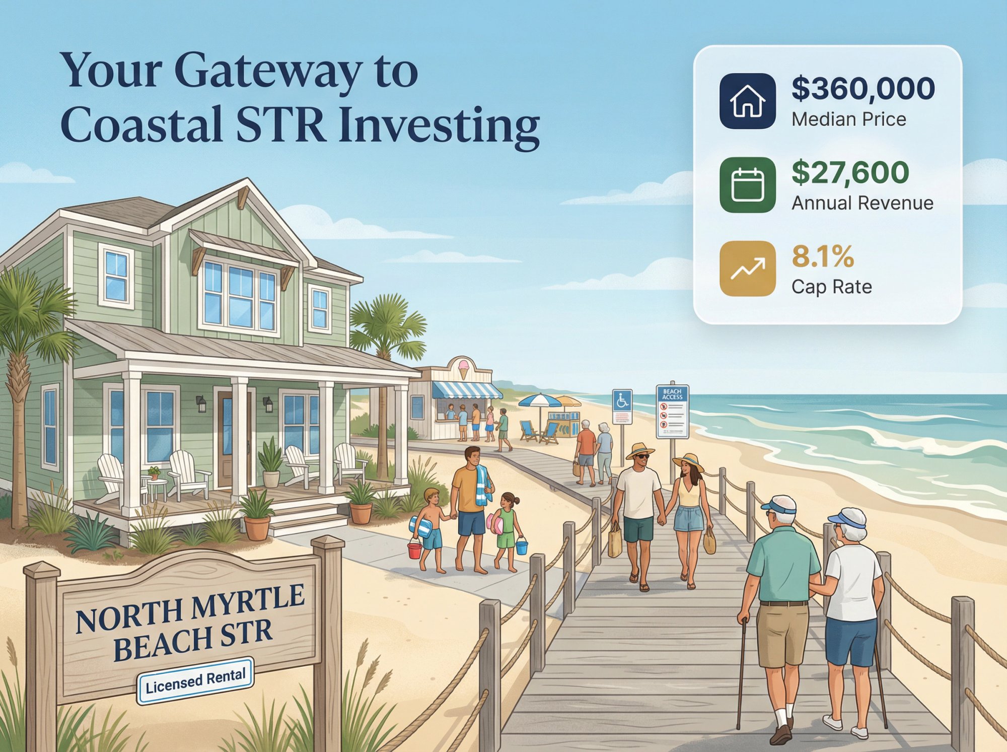 North Myrtle Beach vacation rental property with boardwalk and visitors illustrating accessible coastal investment