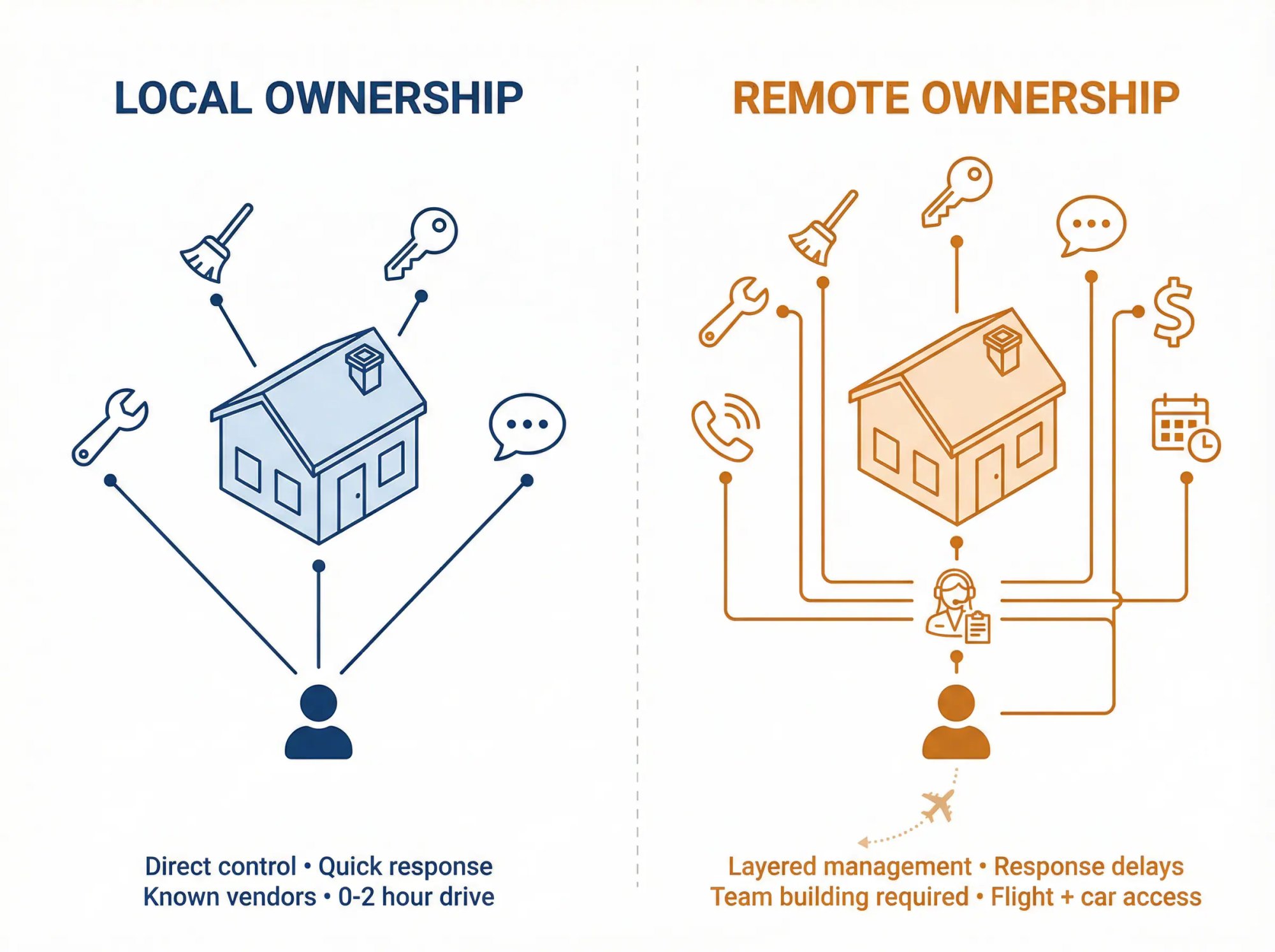 Split-screen diagram contrasting simple local Airbnb management versus complex remote ownership coordination across distance