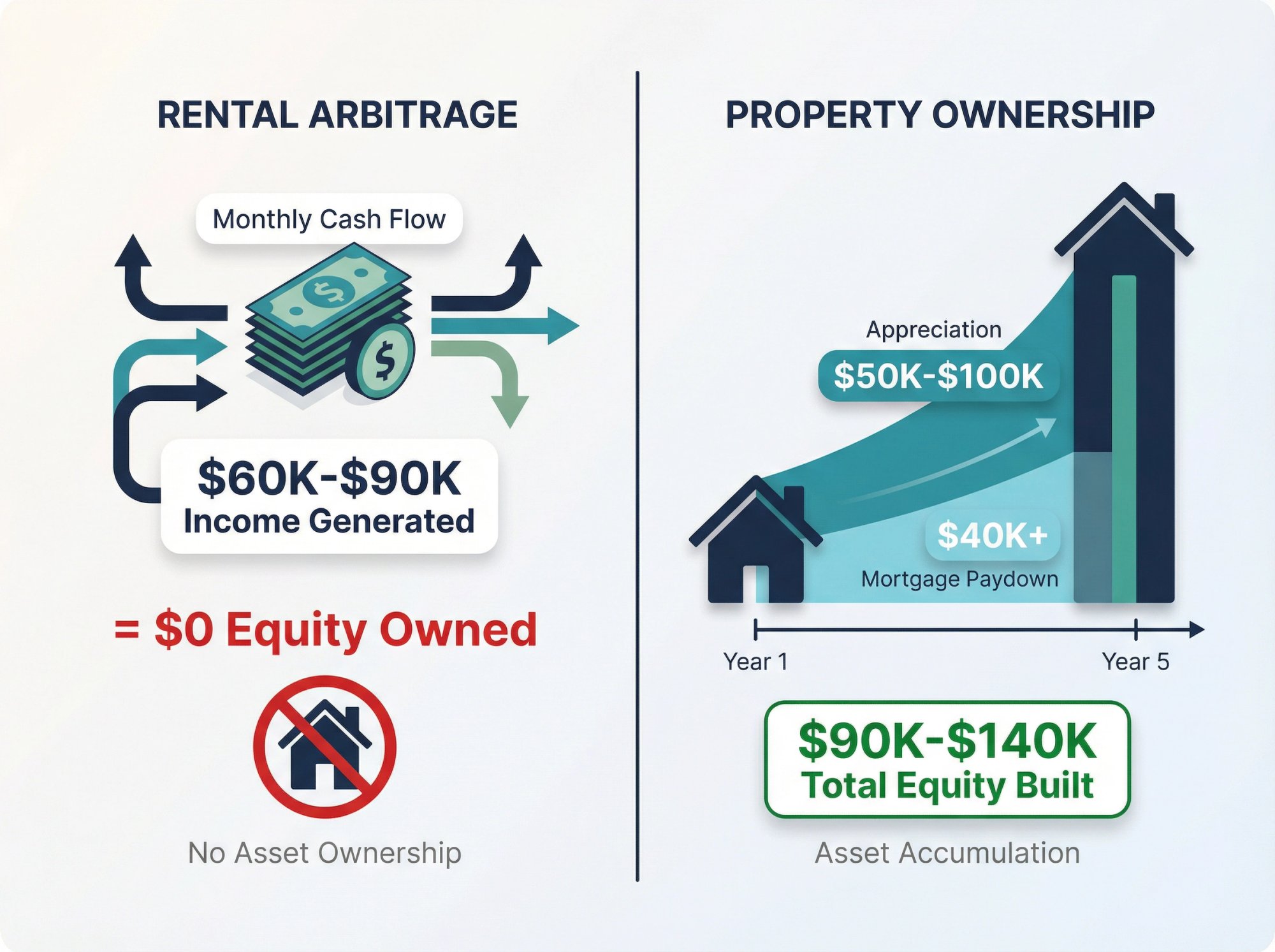 Five-year wealth comparison showing arbitrage generates income but zero equity versus property ownership building $90K-140K in combined appreciation and mortgage paydown equity