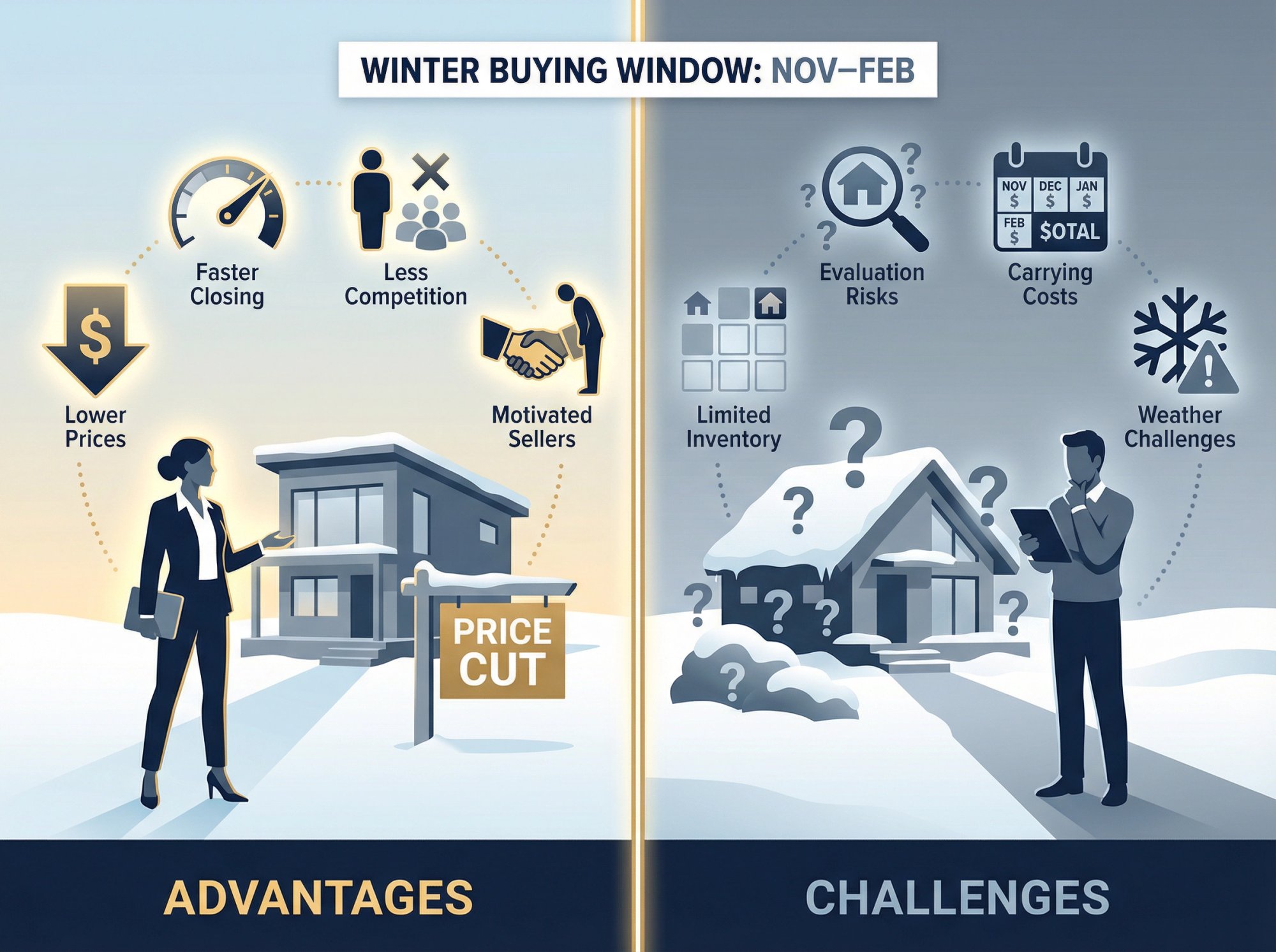 Split-panel comparison showing advantages and challenges of buying Airbnb properties during winter months (November-February)