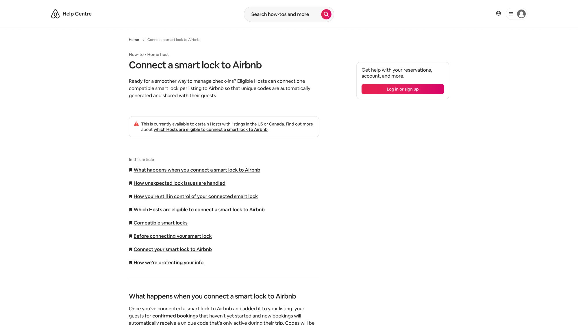 Airbnb help center page explaining connected smart lock setup for eligible US/Canada hosts