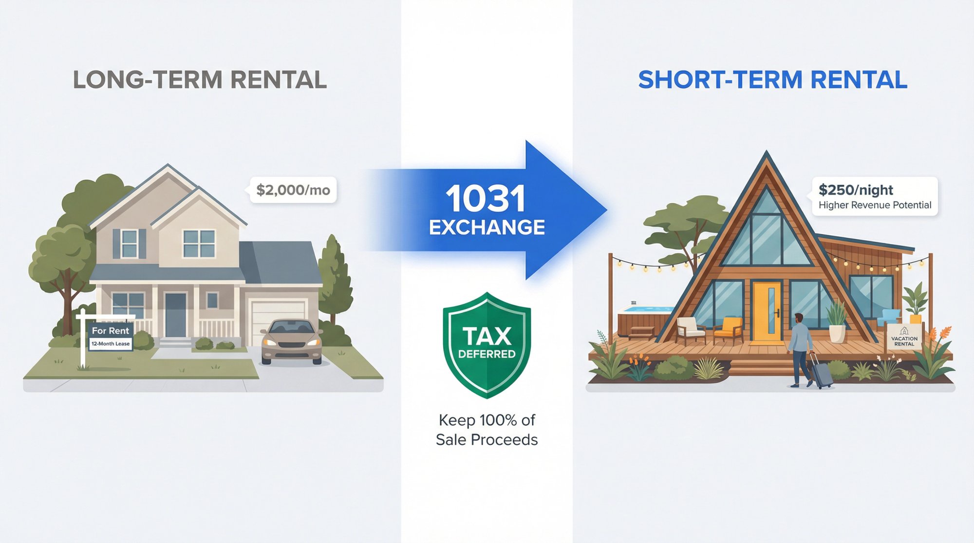 Split-panel visualization showing transition from long-term rental to short-term rental via 1031 exchange