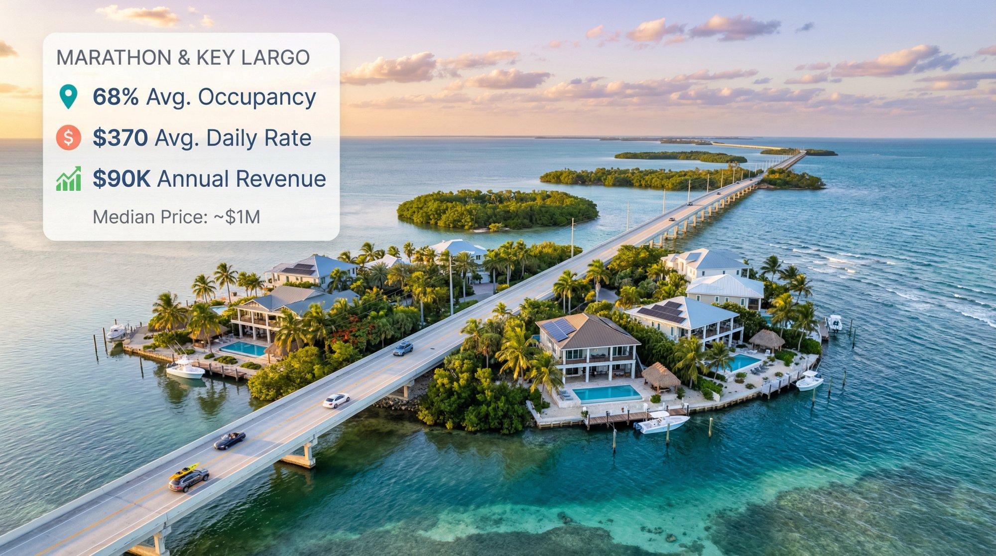Aerial view of Overseas Highway connecting Florida Keys islands with waterfront rental properties