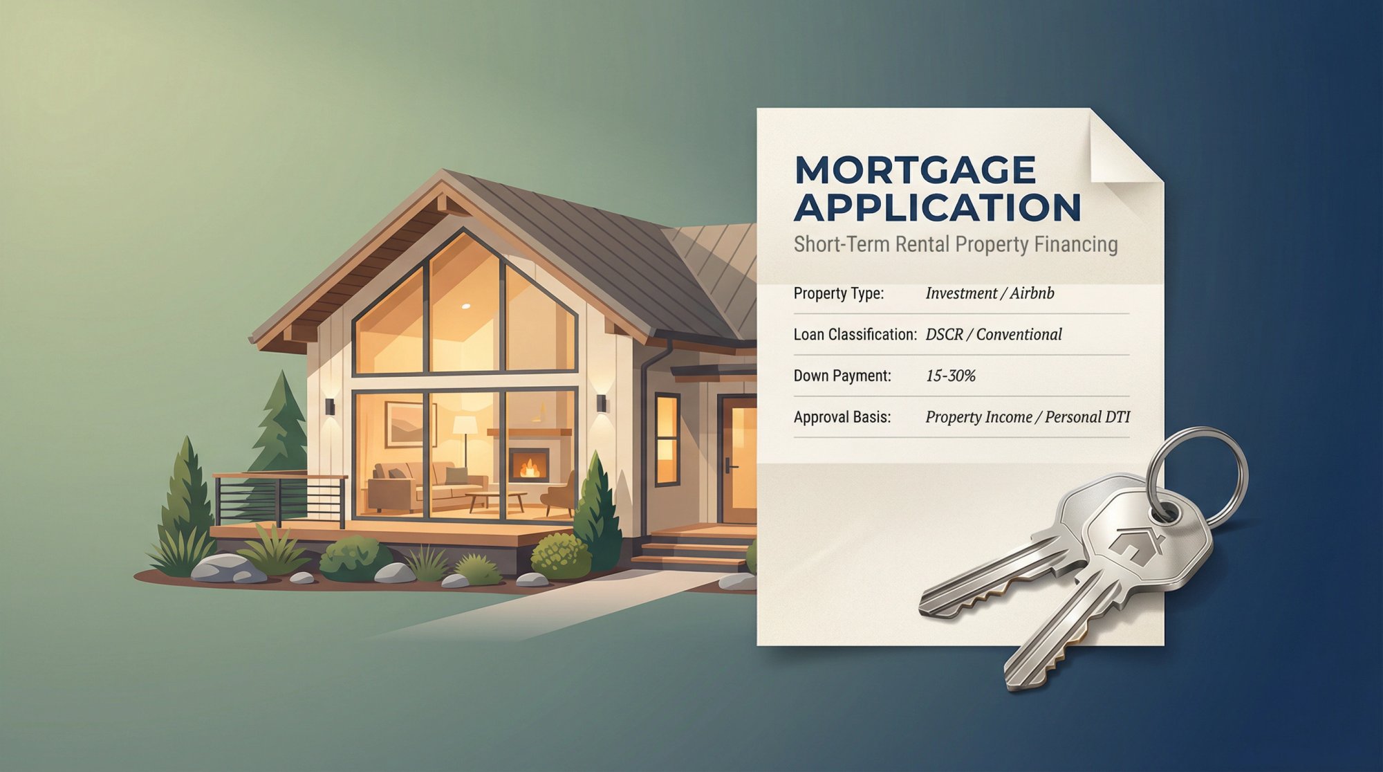Professional editorial illustration of Airbnb property financing with mortgage documents and house keys