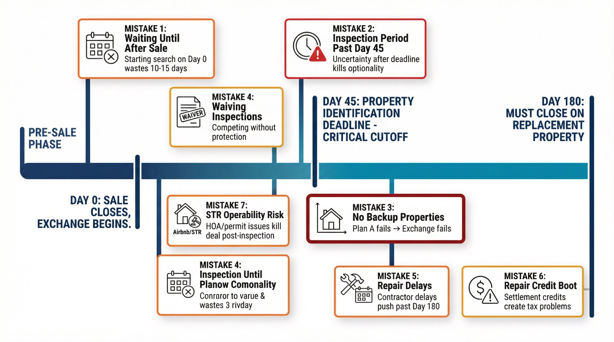 Visual timeline showing 7 common 1031 exchange inspection contingency mistakes mapped across Day 0, Day 45, and Day 180 deadlines