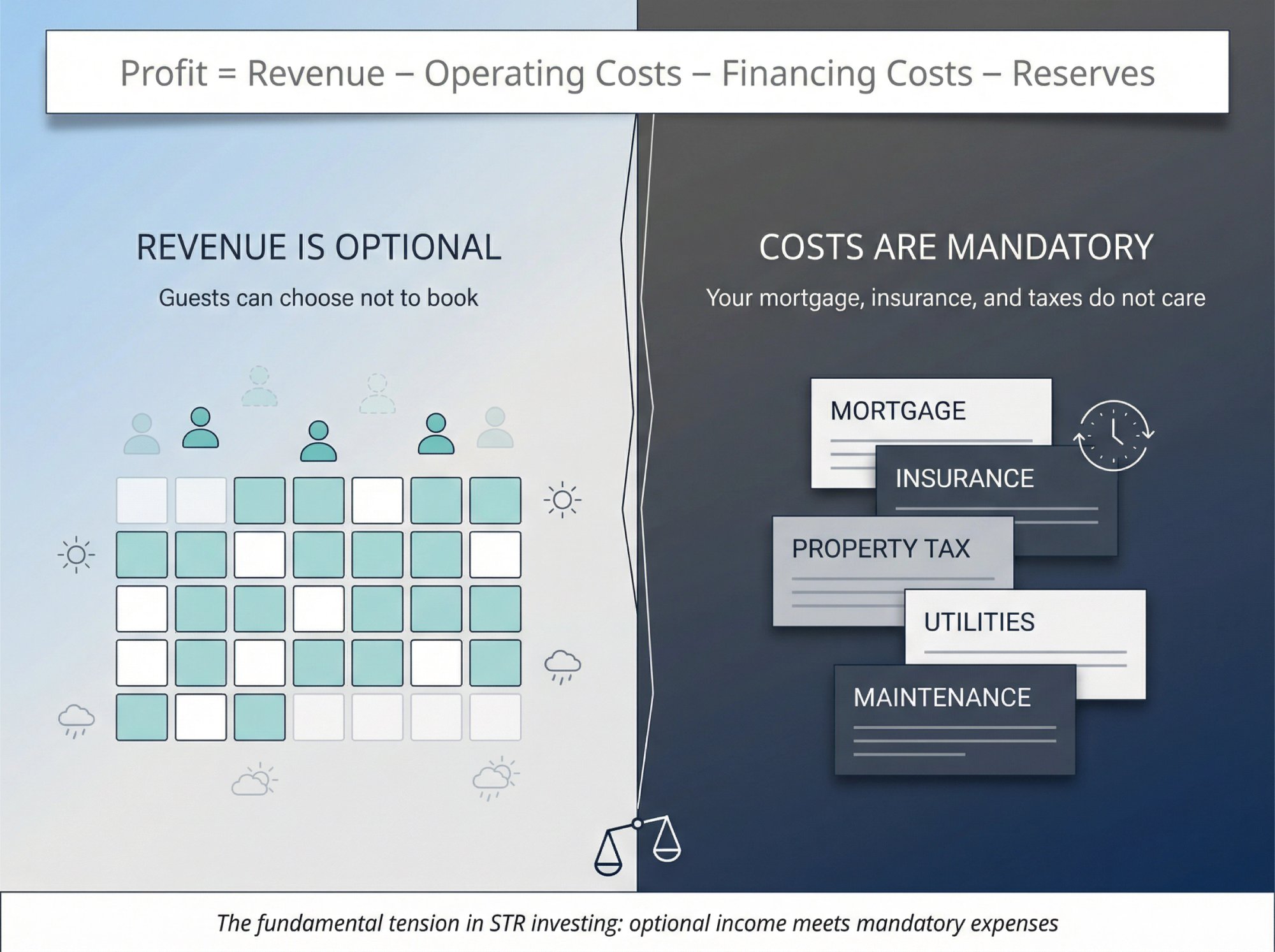 Conceptual split diagram showing optional revenue versus mandatory fixed costs in Airbnb STR investing