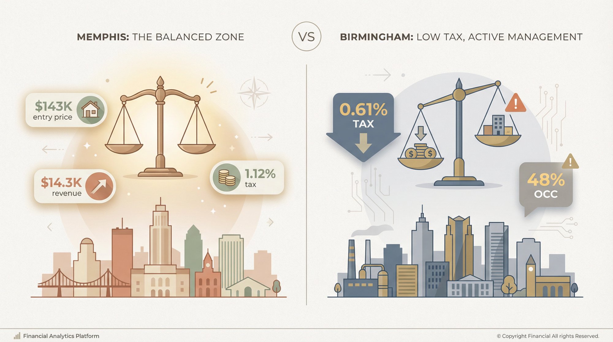 Memphis and Birmingham Airbnb market comparison showing balanced investment metrics versus tax savings trade-offs