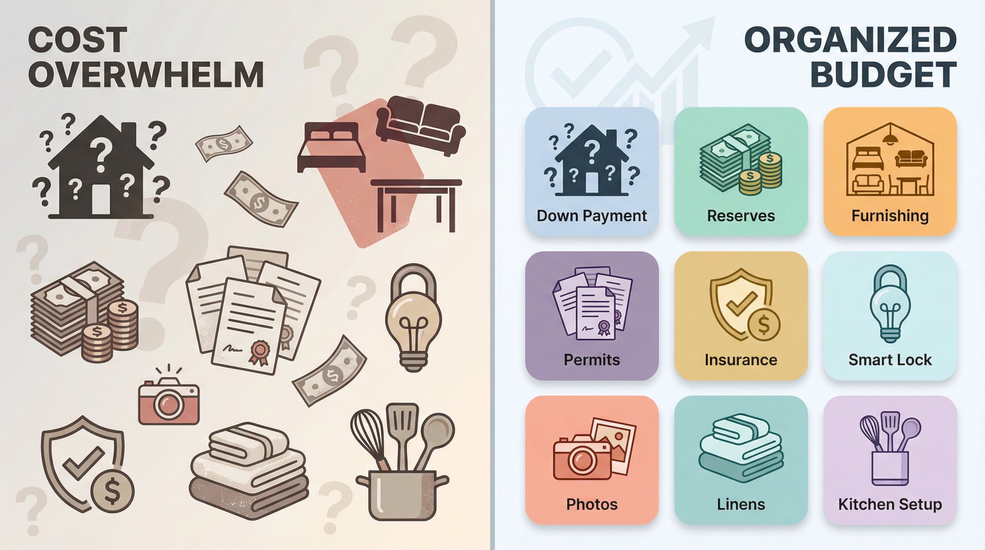 Split-panel comparison: left shows scattered cost icons representing budget confusion (question marks, scattered dollar signs, jumbled furniture, property, locks, documents); right shows organized Chalet dashboard with cost categories neatly gridded and color-coded, representing clarity and planning
