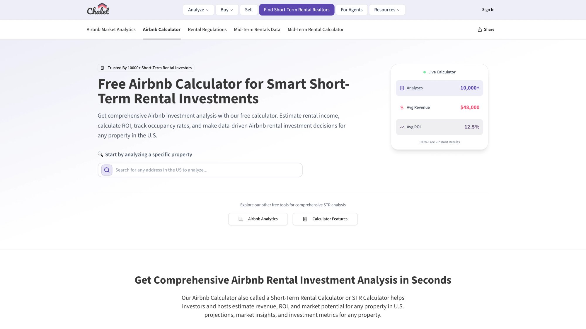 Chalet Airbnb ROI and DSCR calculator tool interface for short-term rental investment analysis