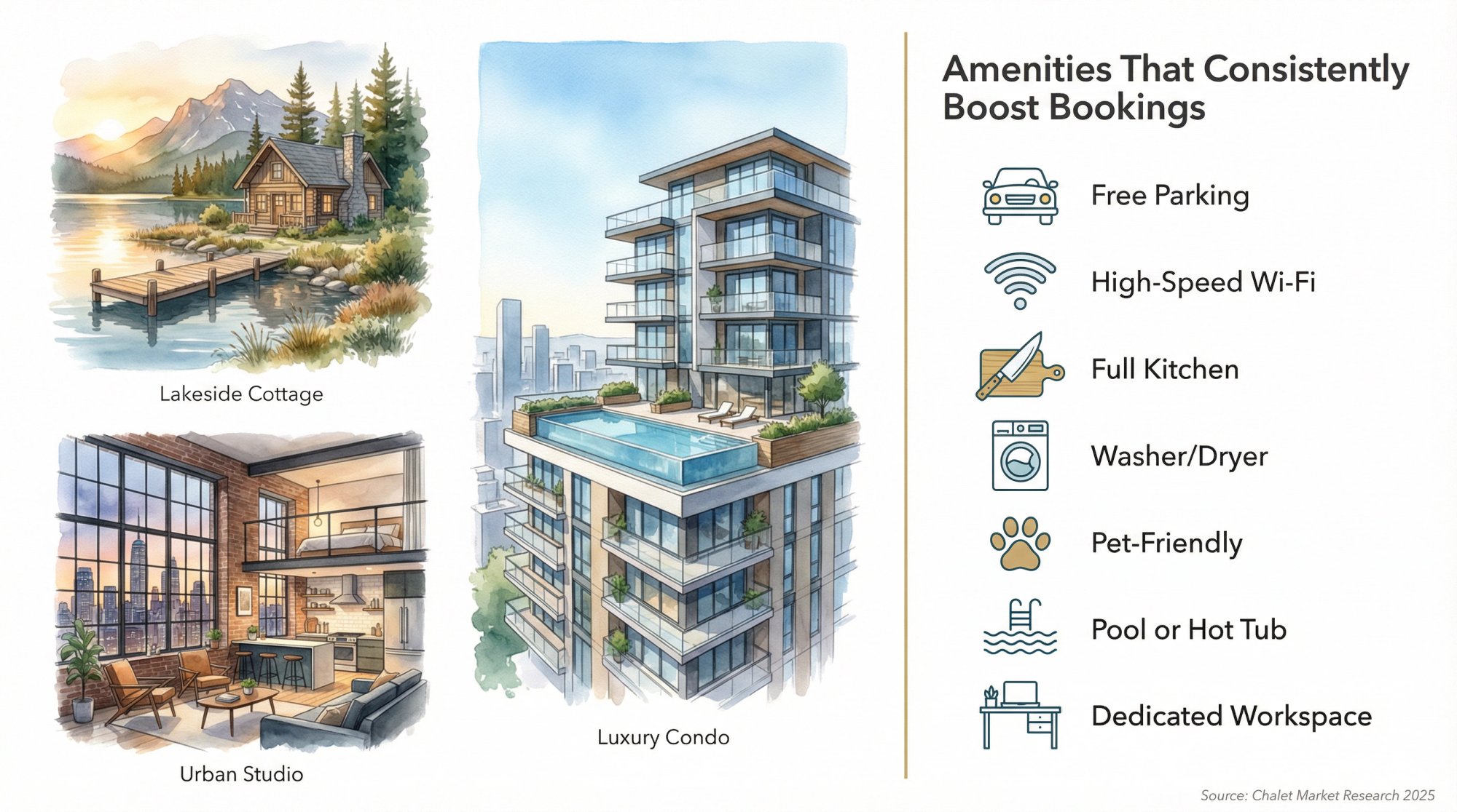 Split-panel infographic showing high-performing STR property types and key amenities that increase booking rates