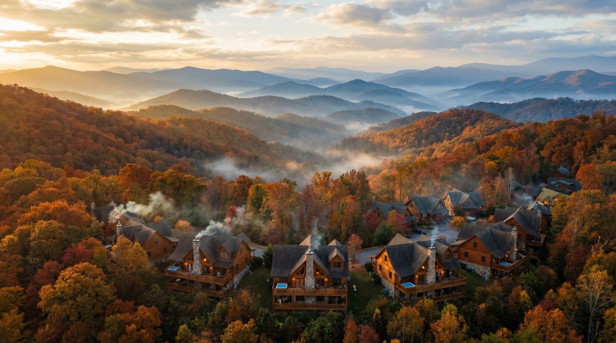 Aerial view of Great Smoky Mountains at golden hour with cabin communities nestled in misty forested valleys below