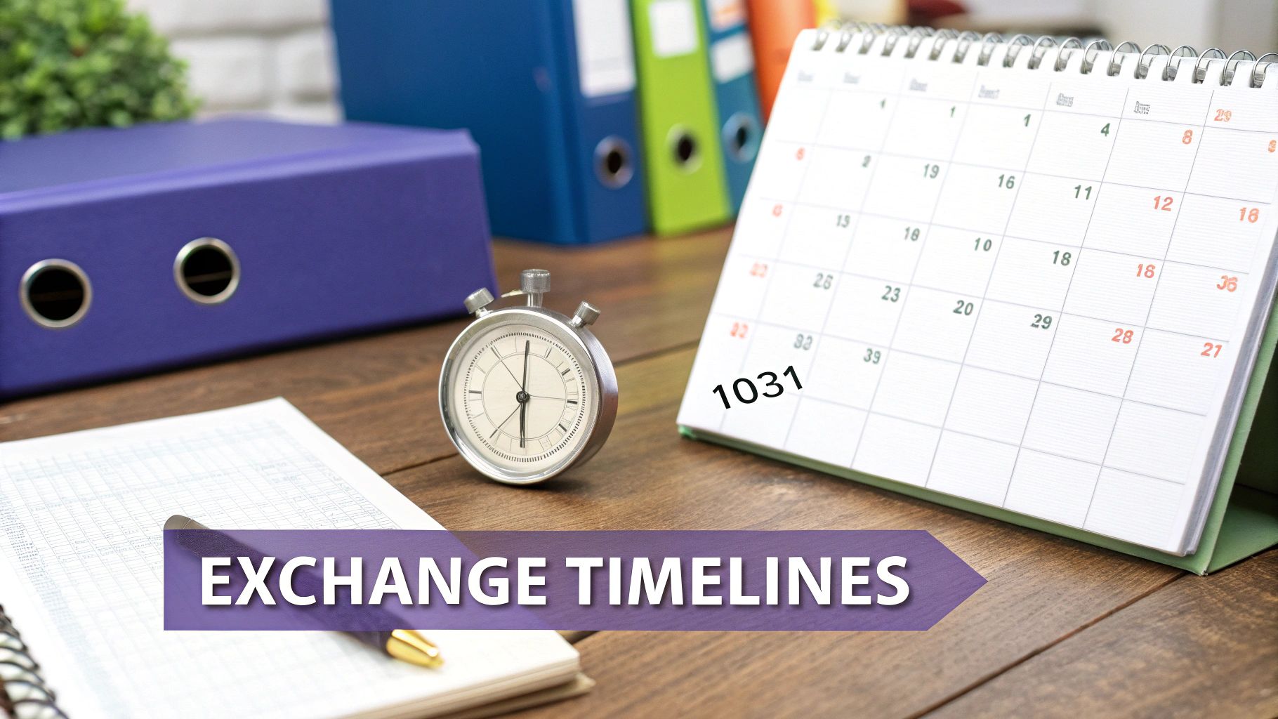 A calendar with highlighted dates representing the 1031 exchange timeline.