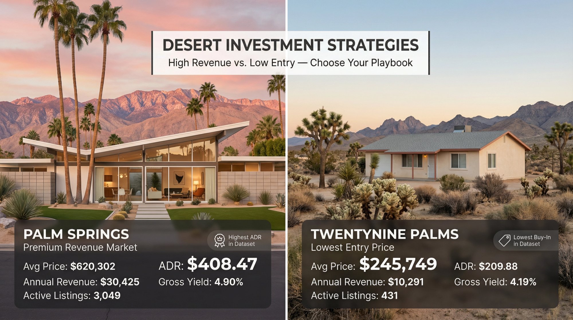 Visual comparison showing Palm Springs luxury mid-century modern property with $620K price and $30K revenue versus Twentynine Palms budget-friendly desert home at $245K entry point