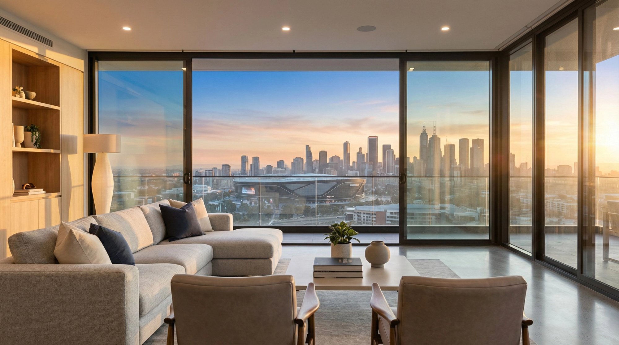 Modern luxury Airbnb living room with floor-to-ceiling windows overlooking a FIFA World Cup 2026 host city skyline at golden hour