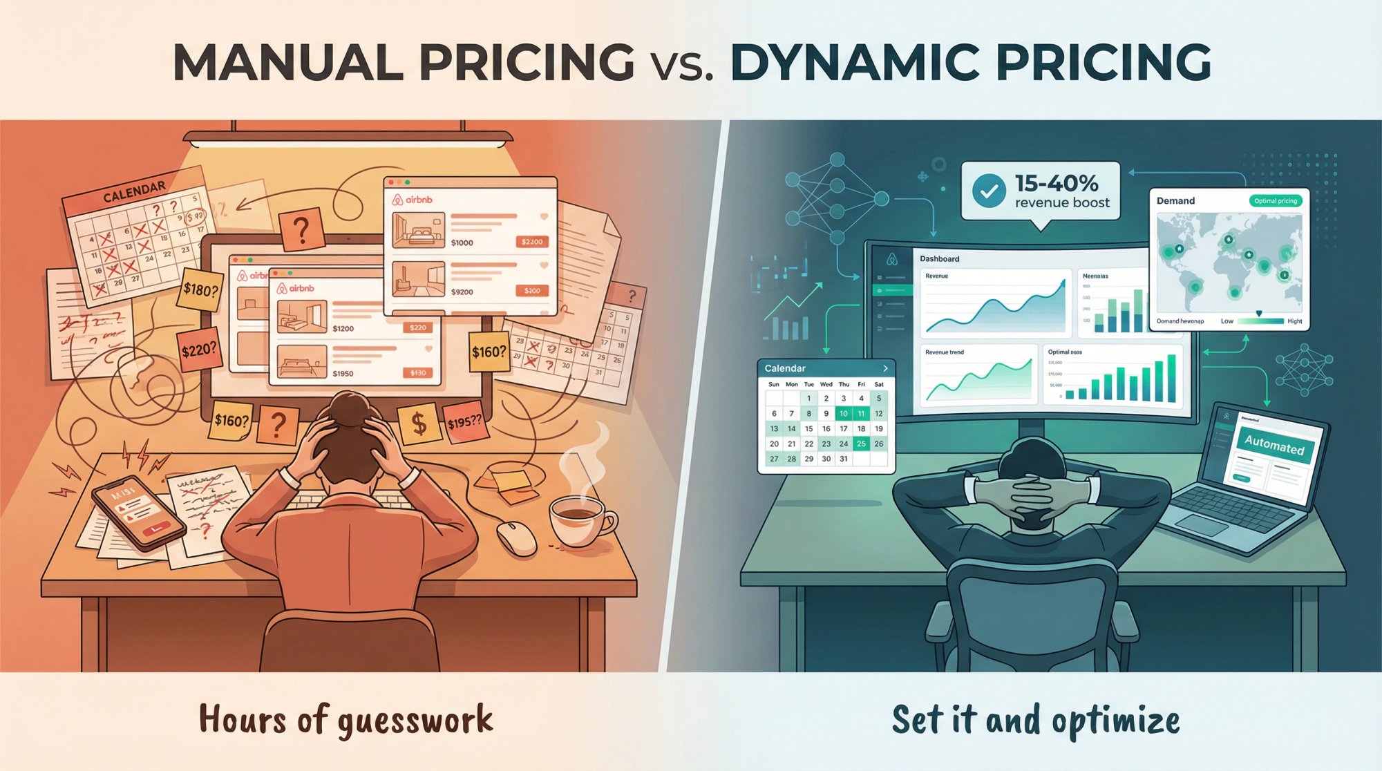 Split illustration showing manual Airbnb pricing chaos versus automated dynamic pricing clarity