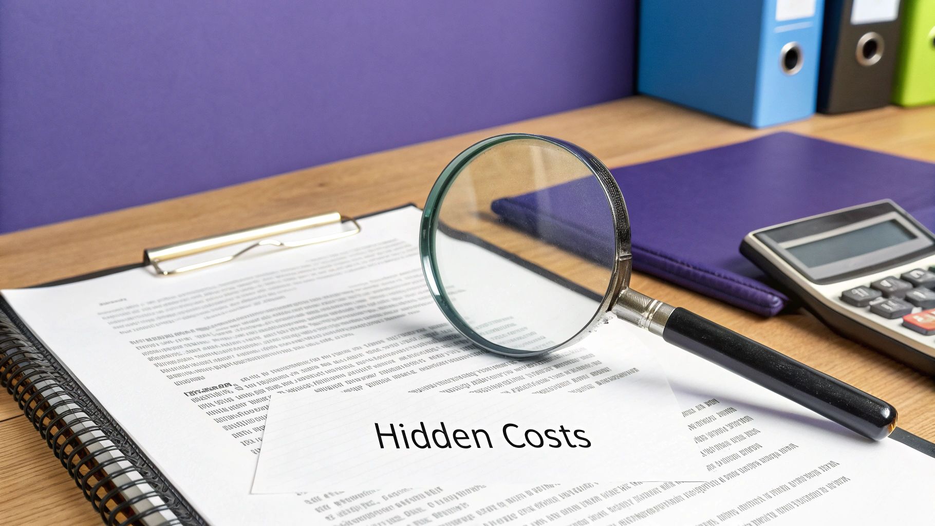 A magnifying glass hovering over a rental contract, highlighting the fine print.