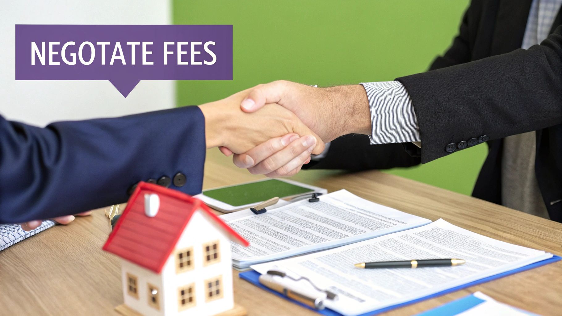 A person confidently shaking hands with a property manager across a desk, sealing a deal.