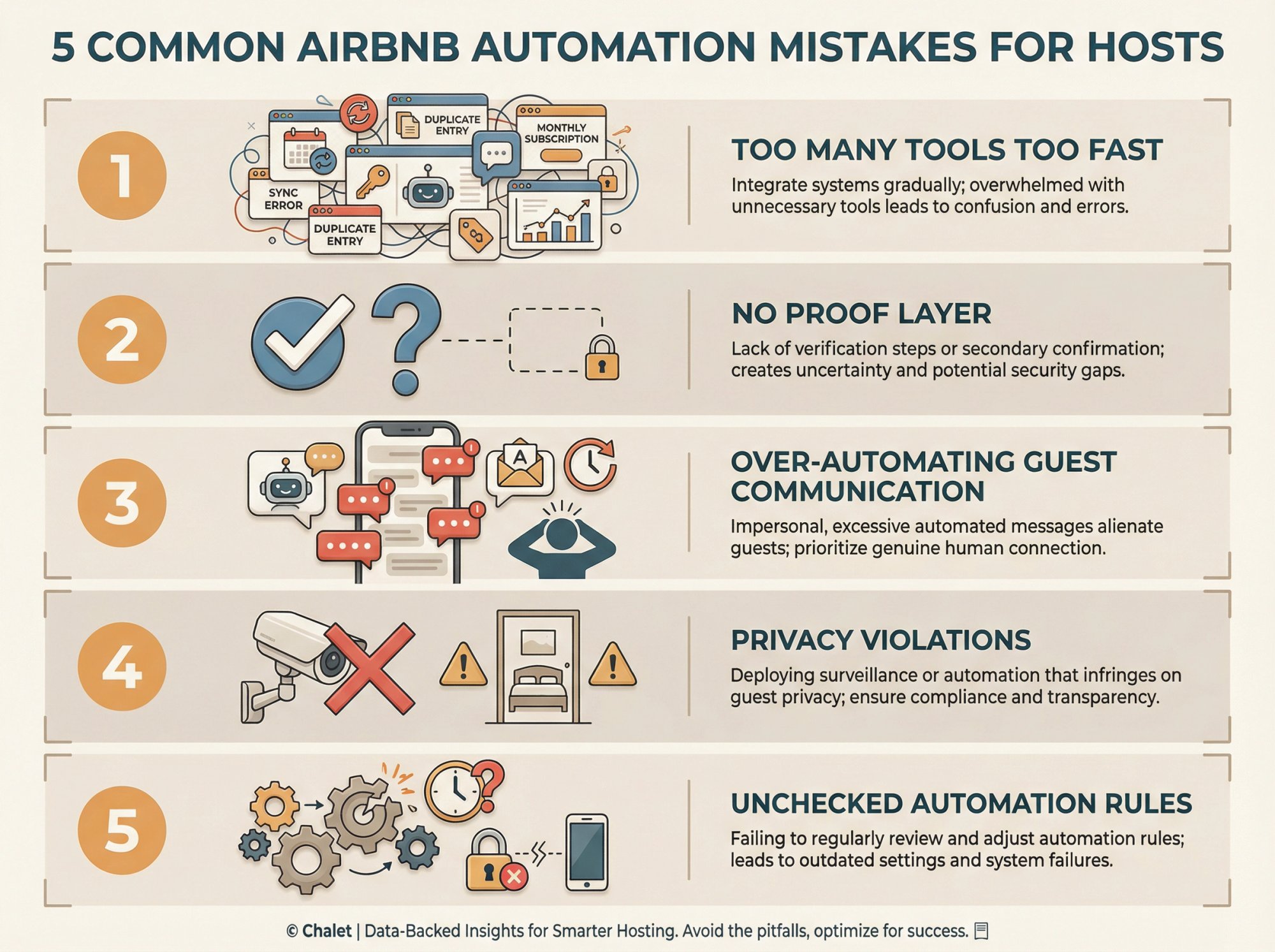 Five common Airbnb automation mistakes: too many tools, no proof layer, over-automating, privacy violations