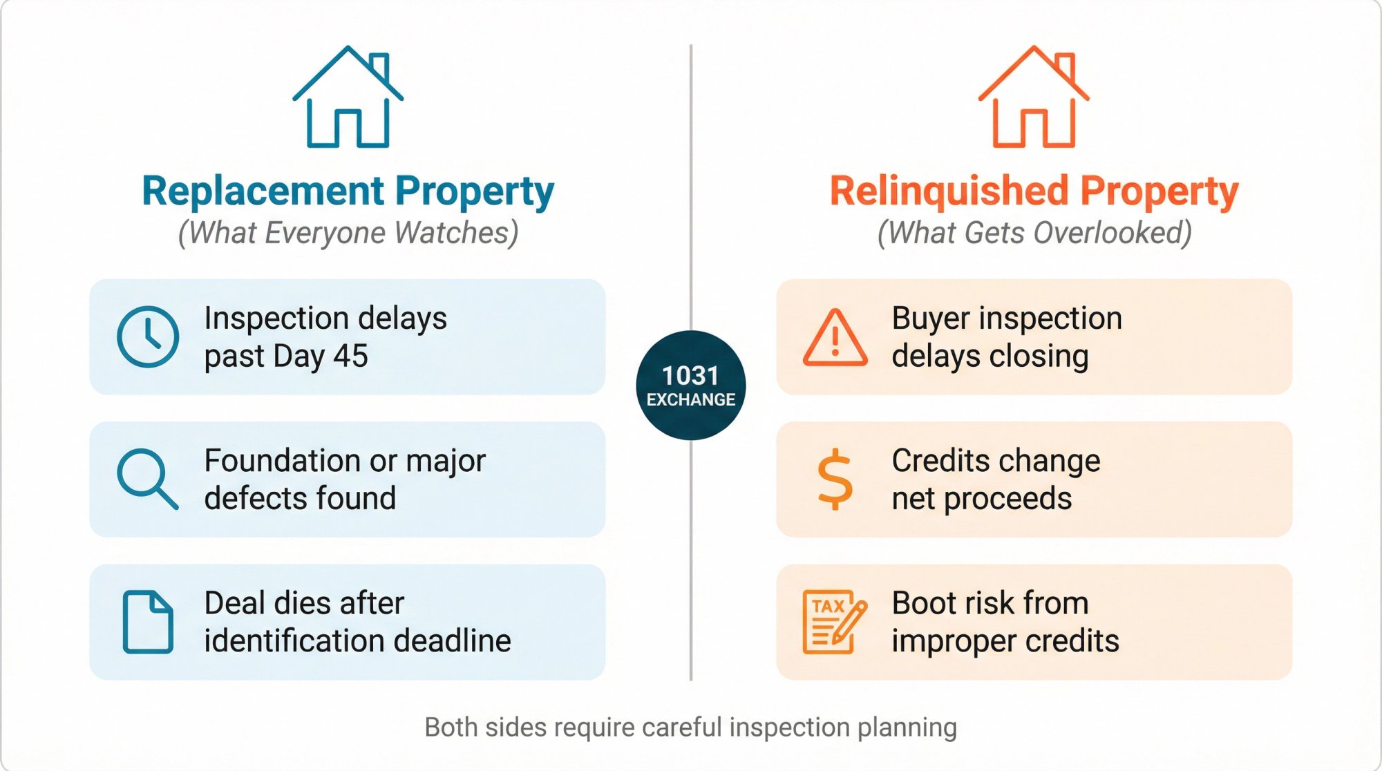 Split comparison showing inspection risks on both selling and buying sides of 1031 exchange